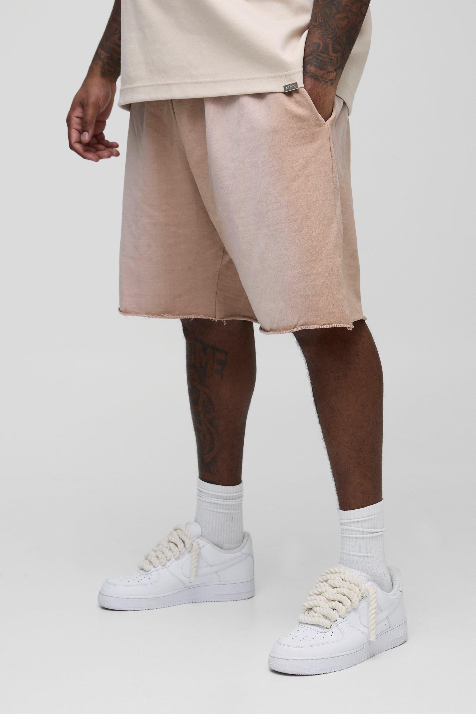 Plus Washed Raw Hem Extended Drawcord Relaxed Shorts | boohooMAN USA Product Image