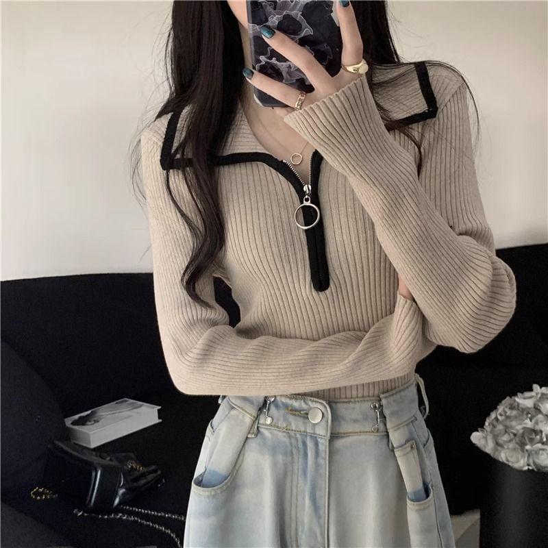 Long Sleeve Half-Zip Contrast-Trim Ribbed-Knit Slim-Fit Top Product Image
