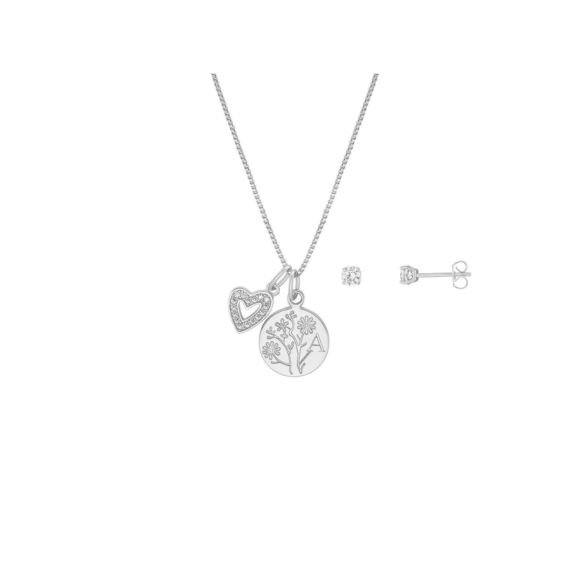 Brilliance Flash Plated Cubic Zirconia Stud Earrings and Initial Pendant Necklace Set, Women's, Size: 18", Yellow Gold Tone C Product Image