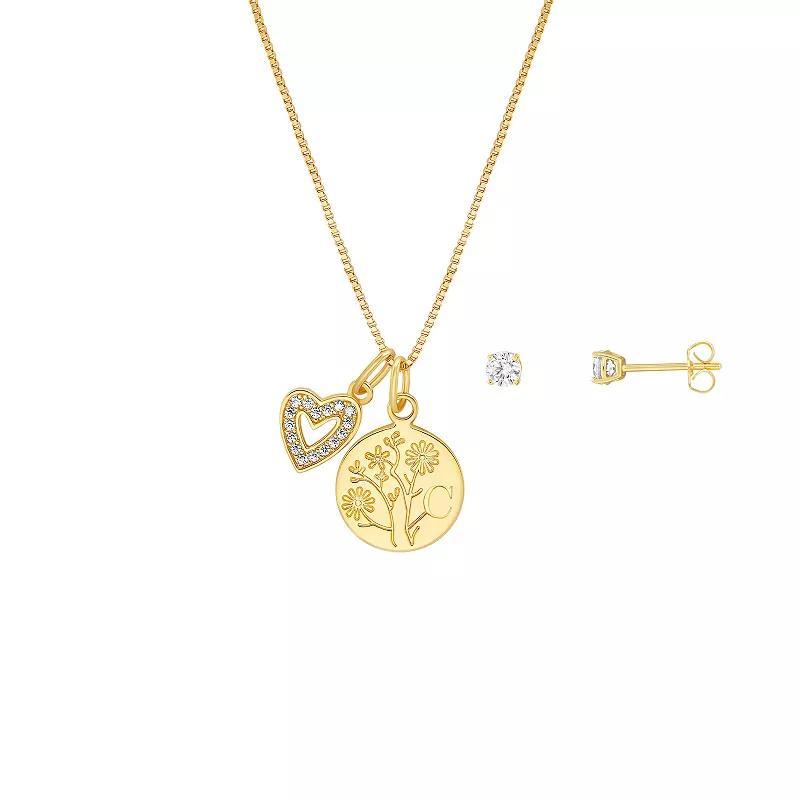 Brilliance Flash Plated Cubic Zirconia Stud Earrings and Initial Pendant Necklace Set, Women's, Size: 18", Yellow Gold Tone C Product Image