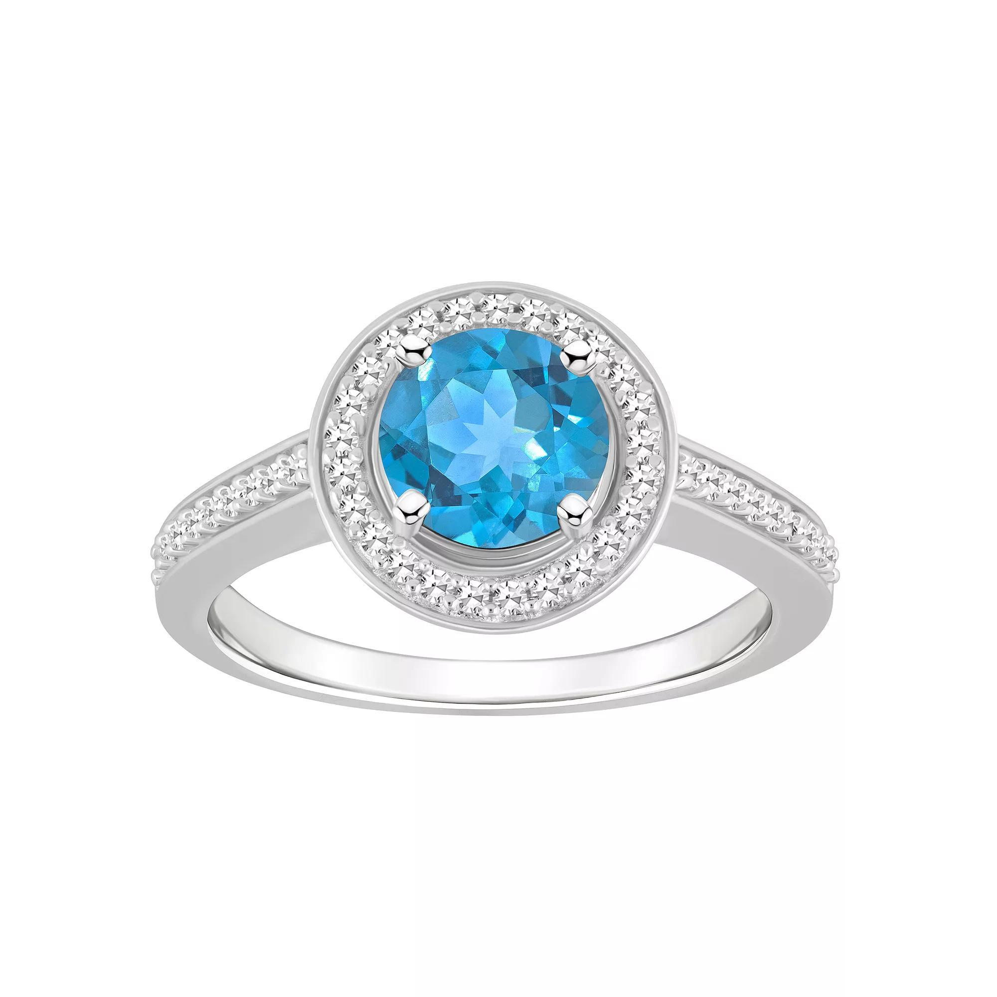 Celebration Gems Sterling Silver 7 mm Round Gemstone & 1/5 Carat T.W. Diamond Halo Ring, Women's, Size: 8, Blue Topaz Product Image