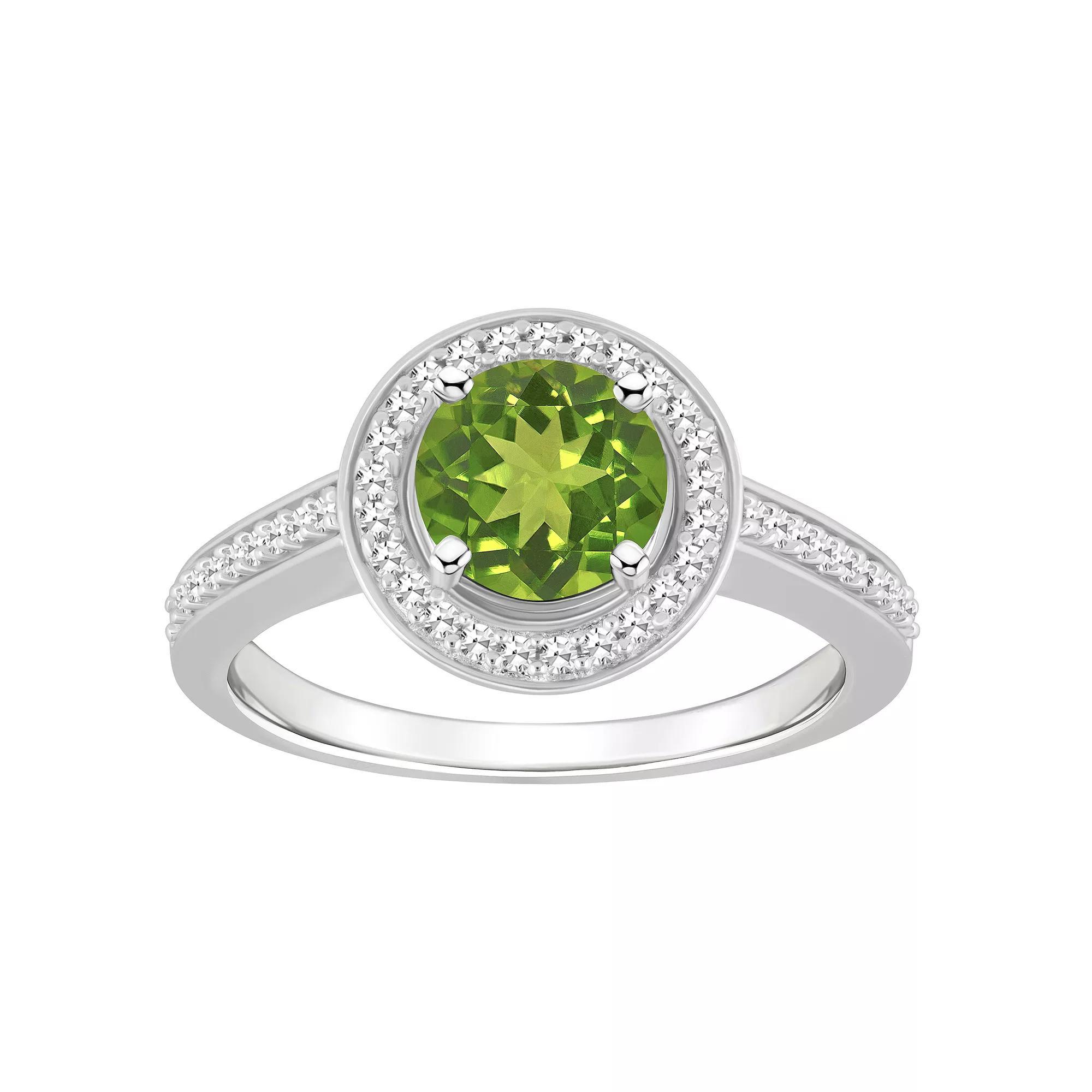 Celebration Gems Sterling Silver 7 mm Round Gemstone & 1/5 Carat T.W. Diamond Halo Ring, Womens, Peridot Product Image