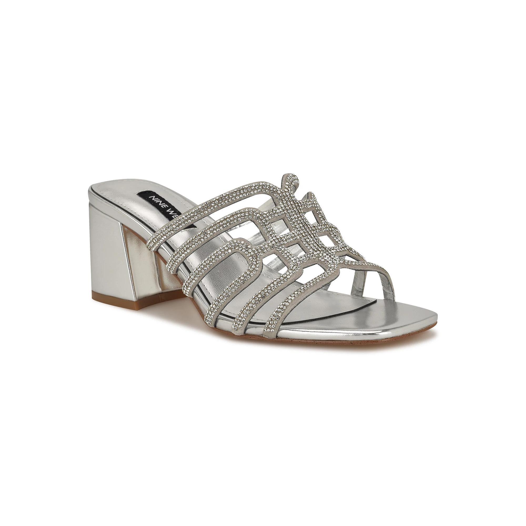 Nine West Grassa Women's Slip-On Block Heel Embellished Dress Sandals, Size: 8.5, Silver Product Image