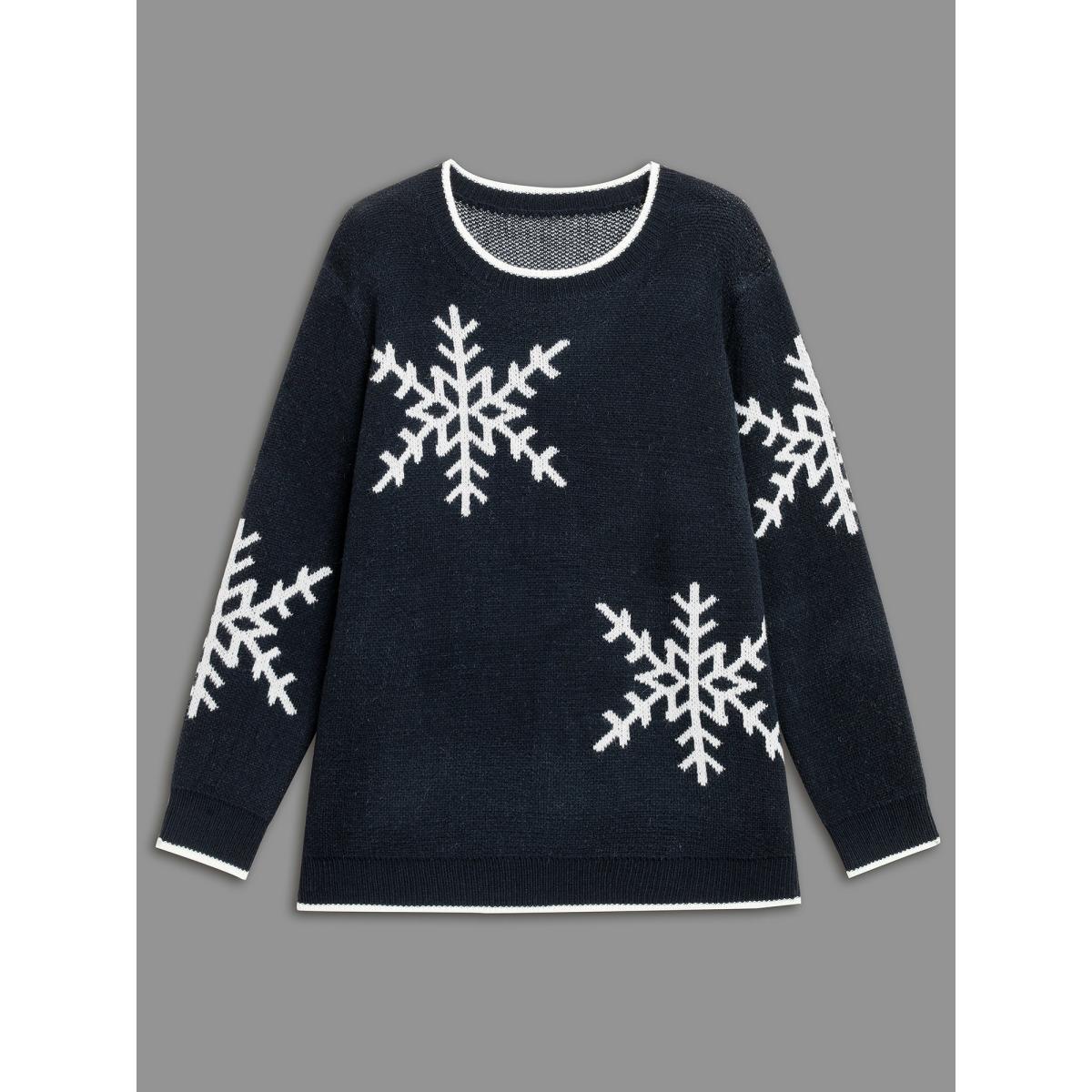 Plus Size Snowflakes Pattern Contrasting Hem Pullover Indigo Women Casual Loose Long Sleeve Round Neck Everyday Pullovers BloomChic 22-24/3X Product Image