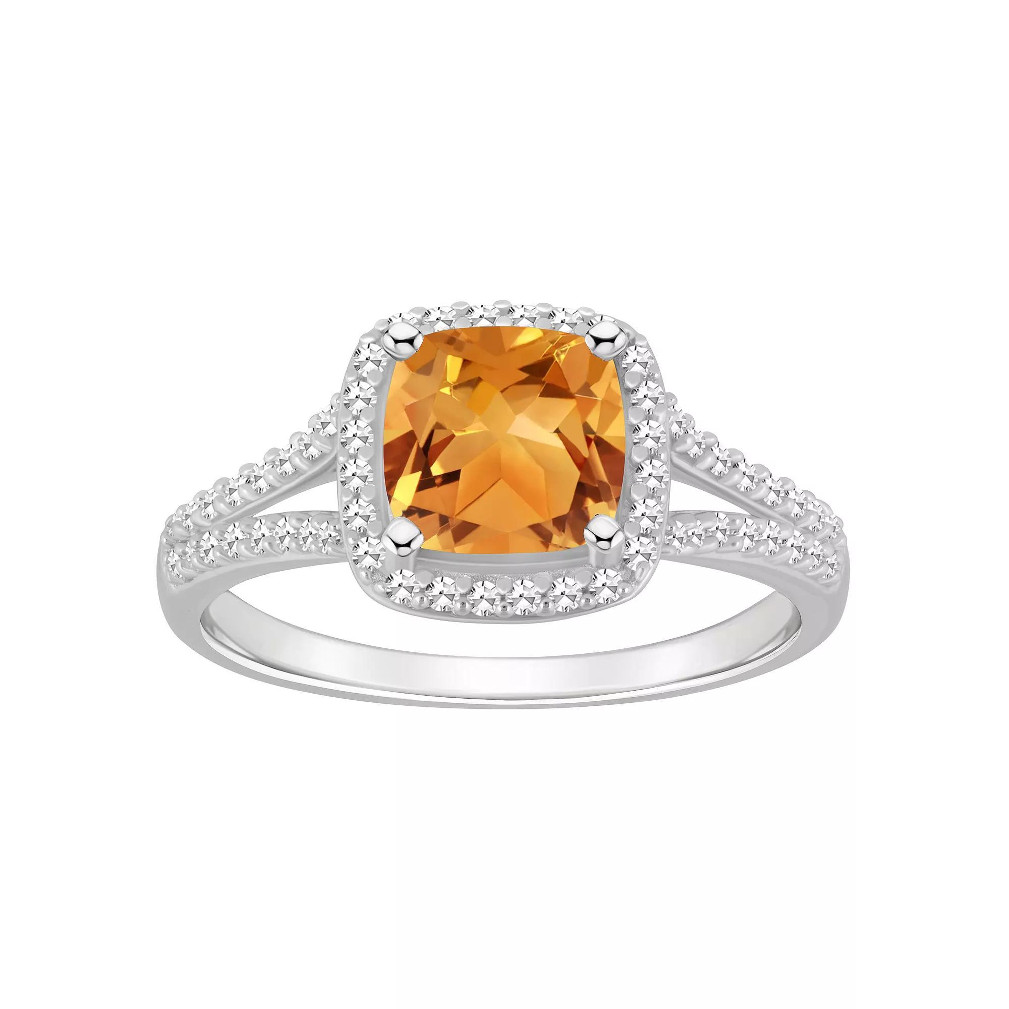 Celebration Gems Sterling Silver 7 mm Cushion Gemstone & 1/4 Carat T.W. Diamond Split Shank Ring, Women's, Size: 10, Citrine Product Image