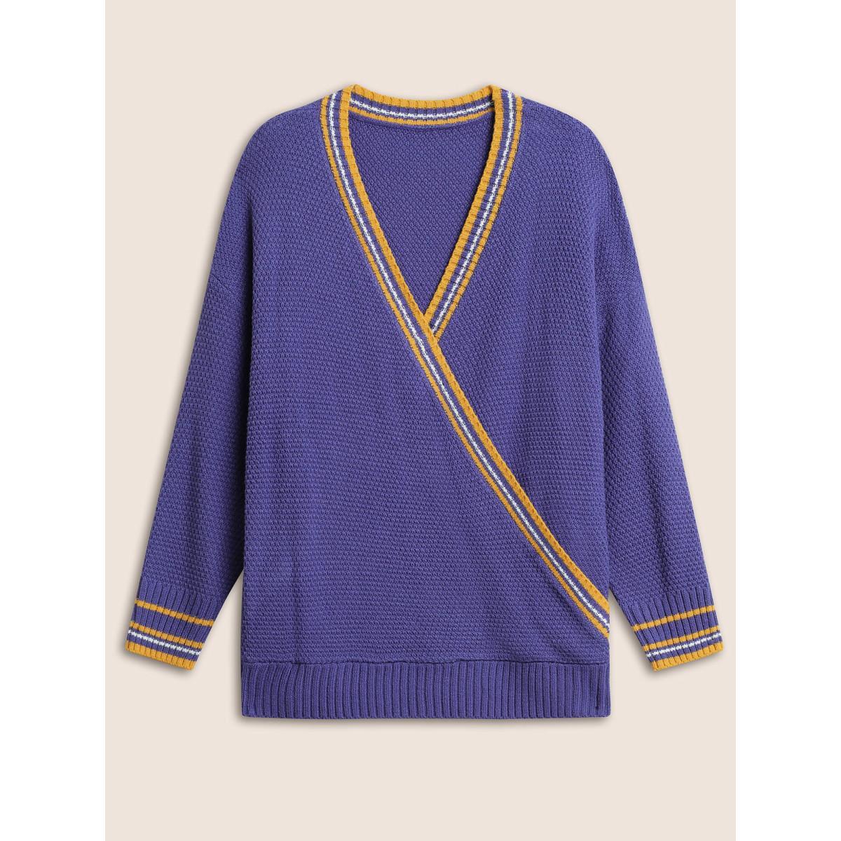 Plus Size Striped Contrast Wrap Knit Pullover Blackcurrant Women Casual Loose Long Sleeve V-neck Dailywear Pullovers BloomChic 10/M Product Image