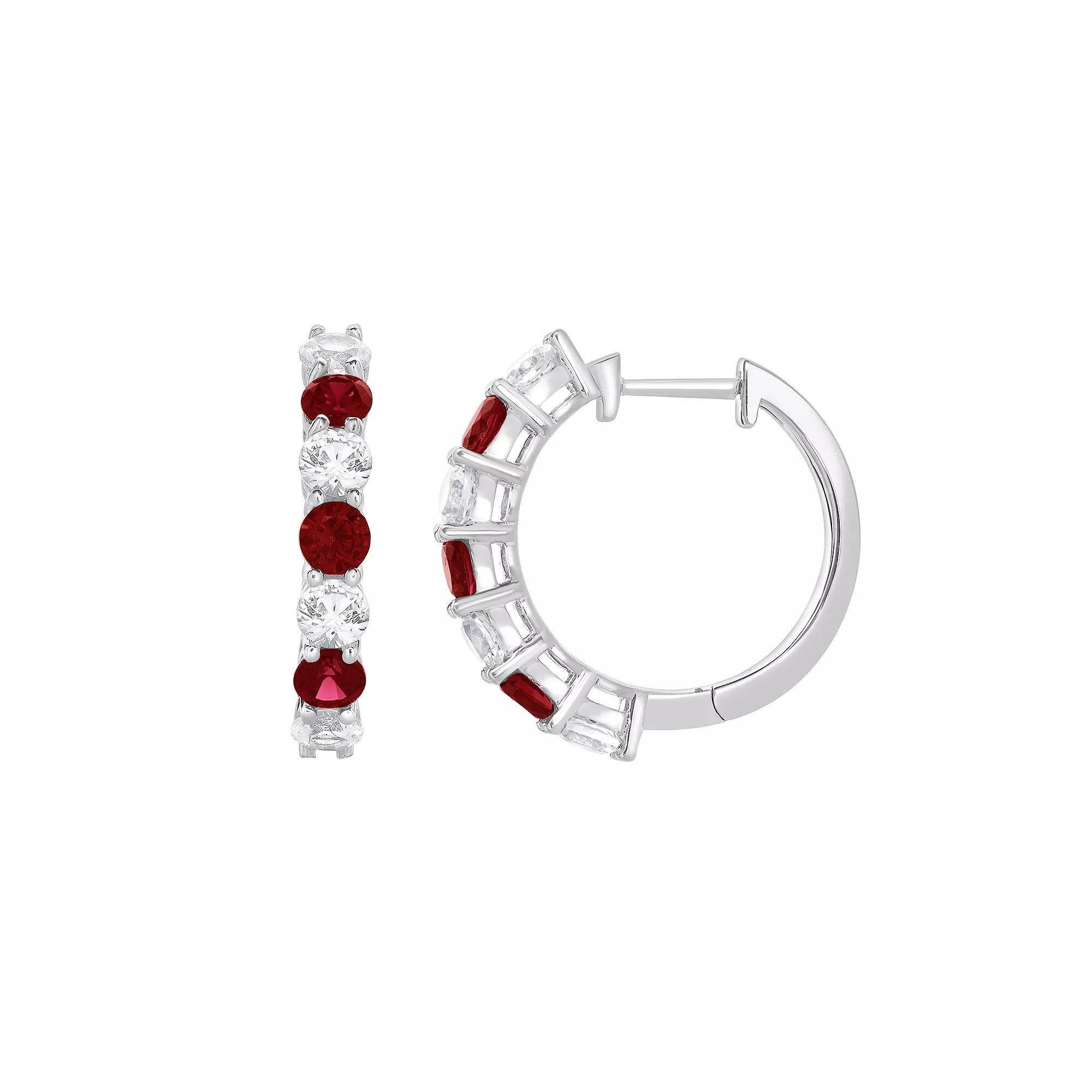 Gemstone Brilliance Sterling Silver Gemstone & Lab-Created White Sapphire Hoop Earrings, Womens, Created Red Product Image