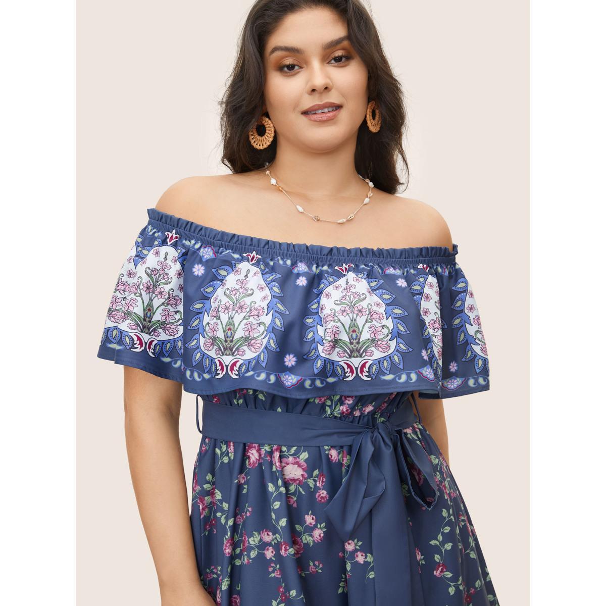 Plus Size Floral Off Shoulder Belted Frill Trim Dress SlateGray Women Resort Gathered One-shoulder neck Short sleeve Curvy Midi Dress BloomChic 22-24/3X Product Image