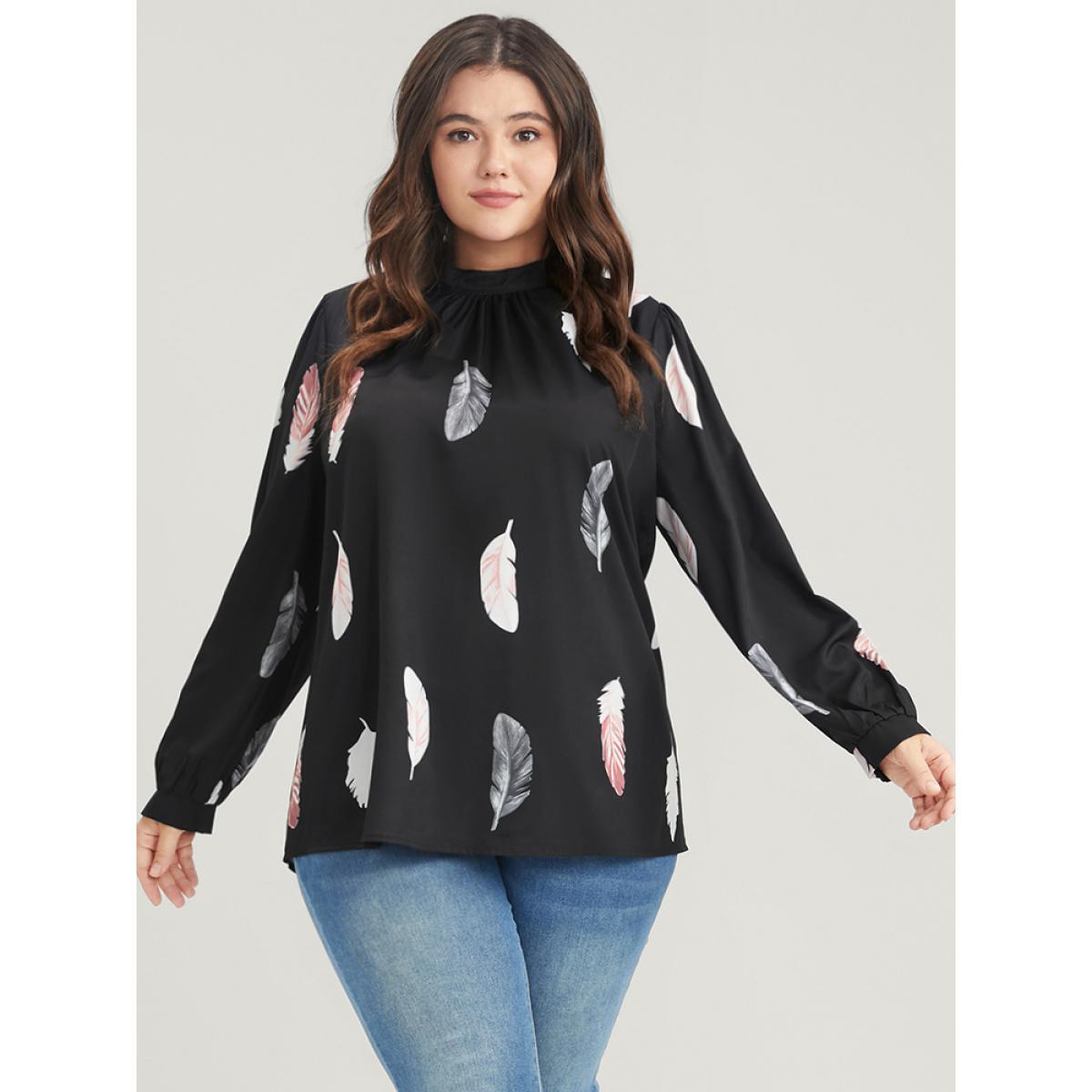 Plus Size Black Feather Print Mock Neck Lantern Sleeve Blouse Women Elegant Long Sleeve Mock Neck Dailywear Blouses BloomChic 12/L Product Image
