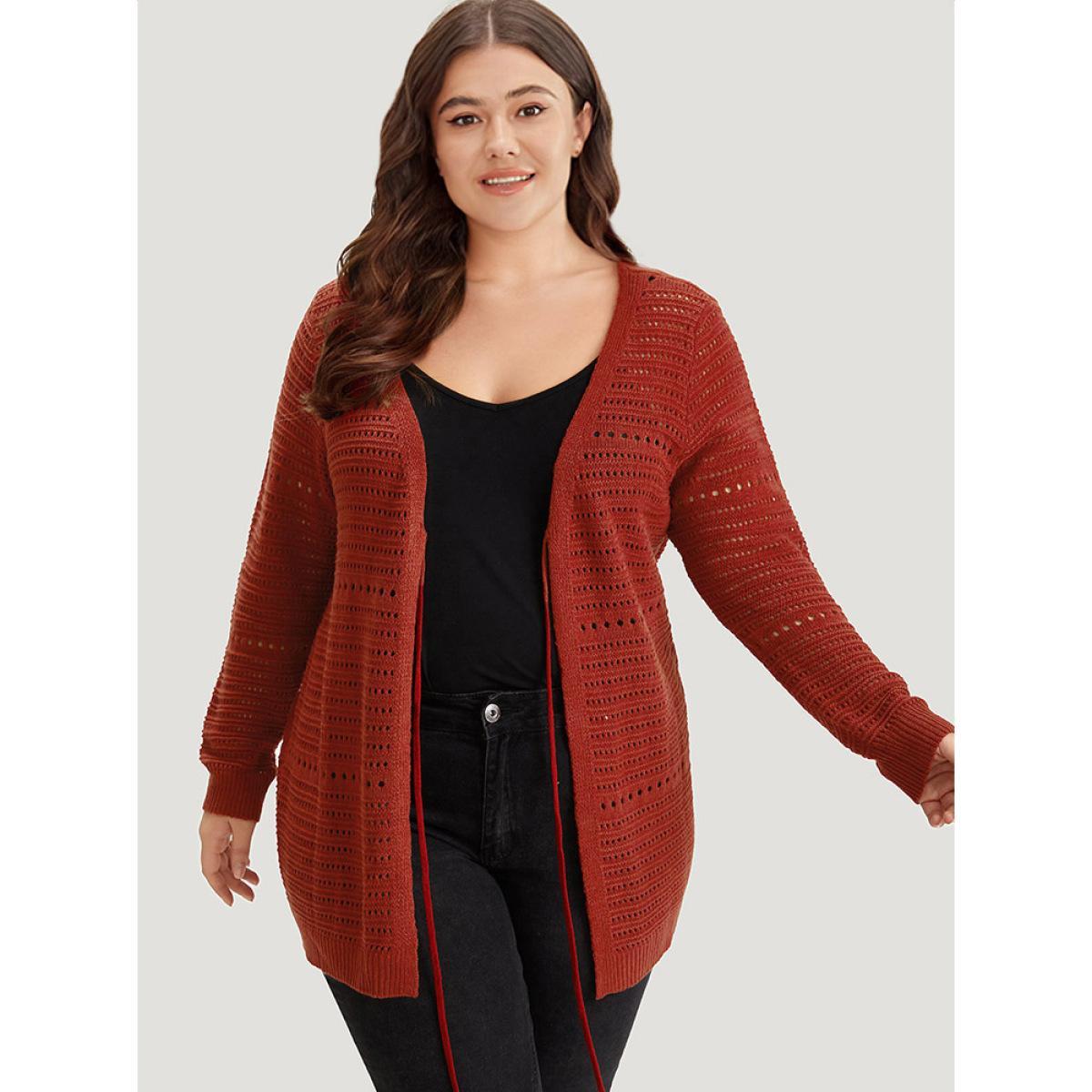 Plus Size Plain Ties Front Geometric Eyelet Cardigan Rust Women Casual Loose Long Sleeve Dailywear Cardigans BloomChic 26/4X Product Image