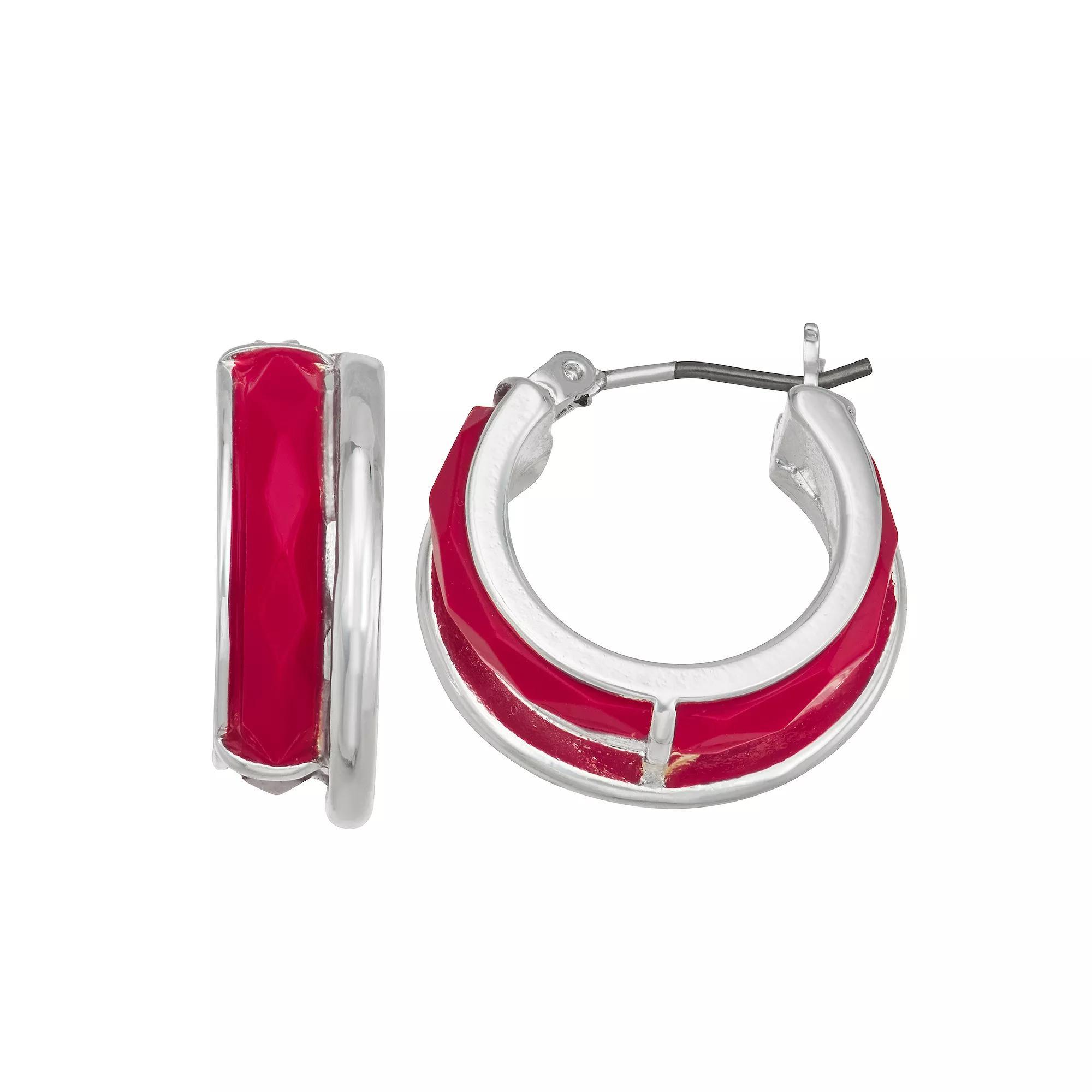 Napier Silver Tone Royal Red Hoop Earrings, Women's Product Image