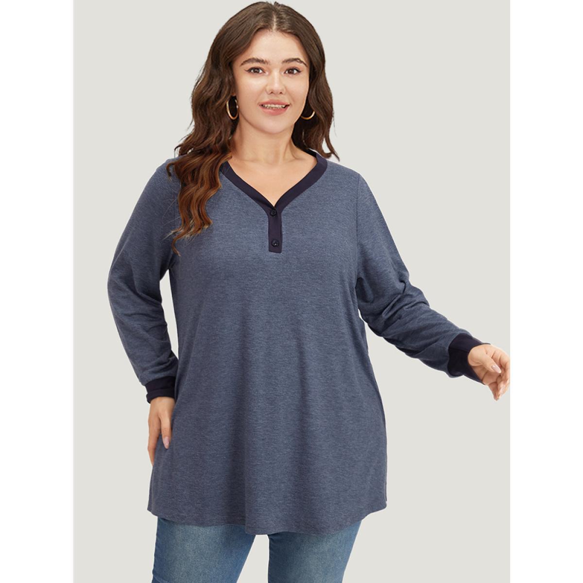 Plus Size V Neck Button Up Contrast Elastic Cuffs Pocket T-shirt Indigo Women Casual Elastic cuffs Plain V-neck Dailywear T-shirts BloomChic 26/4X Product Image