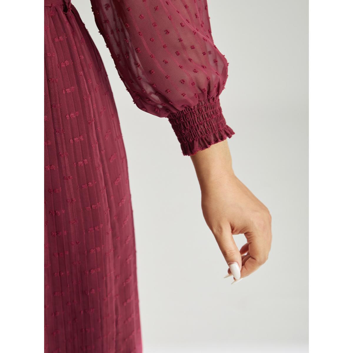 Plus Size Plain Textured Shirt Collar Gathered Belted Dress Scarlet Women Office Elastic cuffs Shirt collar Long Sleeve Curvy Midi Dress BloomChic 14-16/1X Product Image
