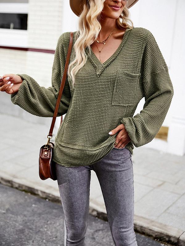 Long Sleeves Loose Elasticity Pockets Solid Color Split-Joint V-Neck T-Shirts Tops Product Image