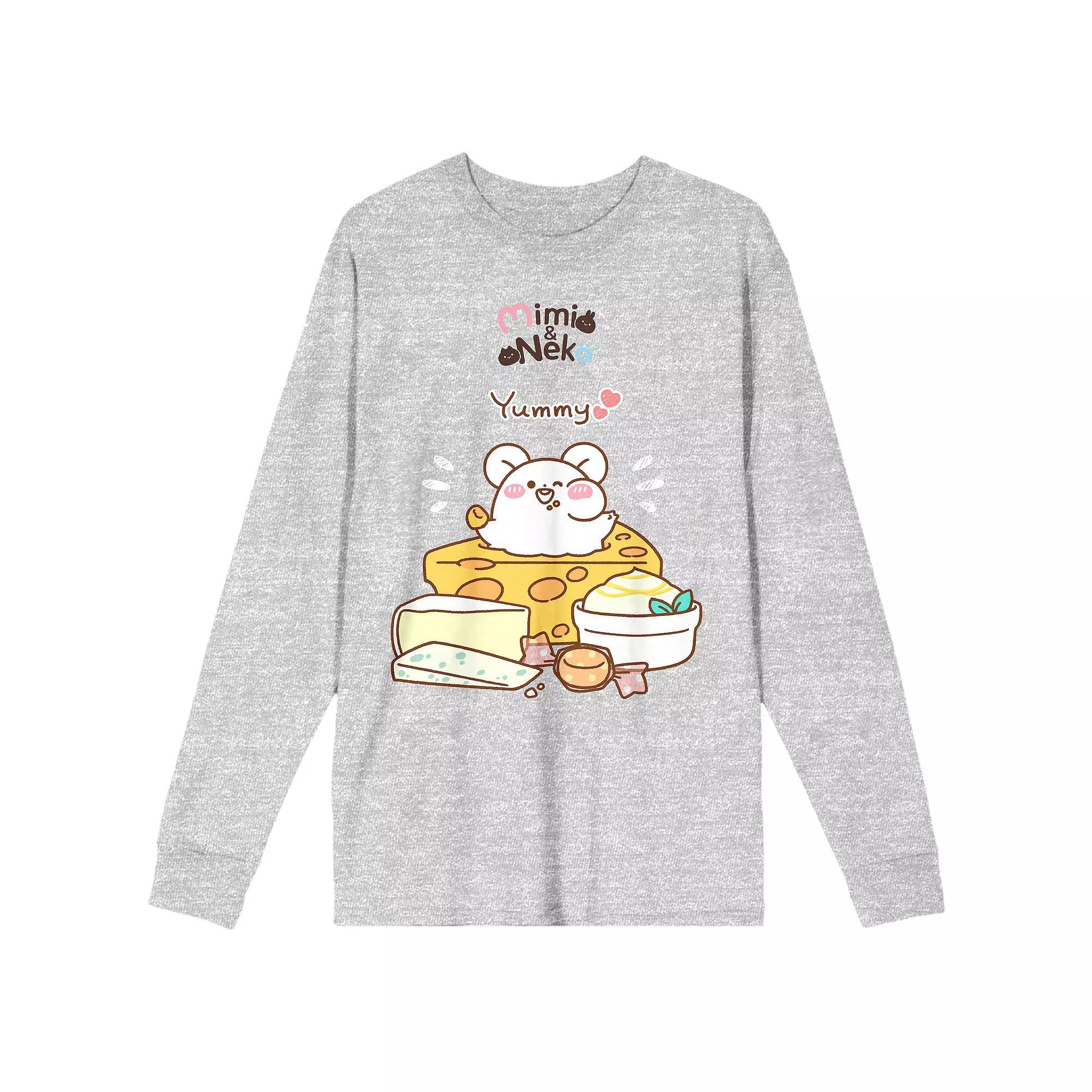 Men's Mimi & Neko Nezu Eating Yum Long Sleeve Tee, Size: Medium, Gray Product Image