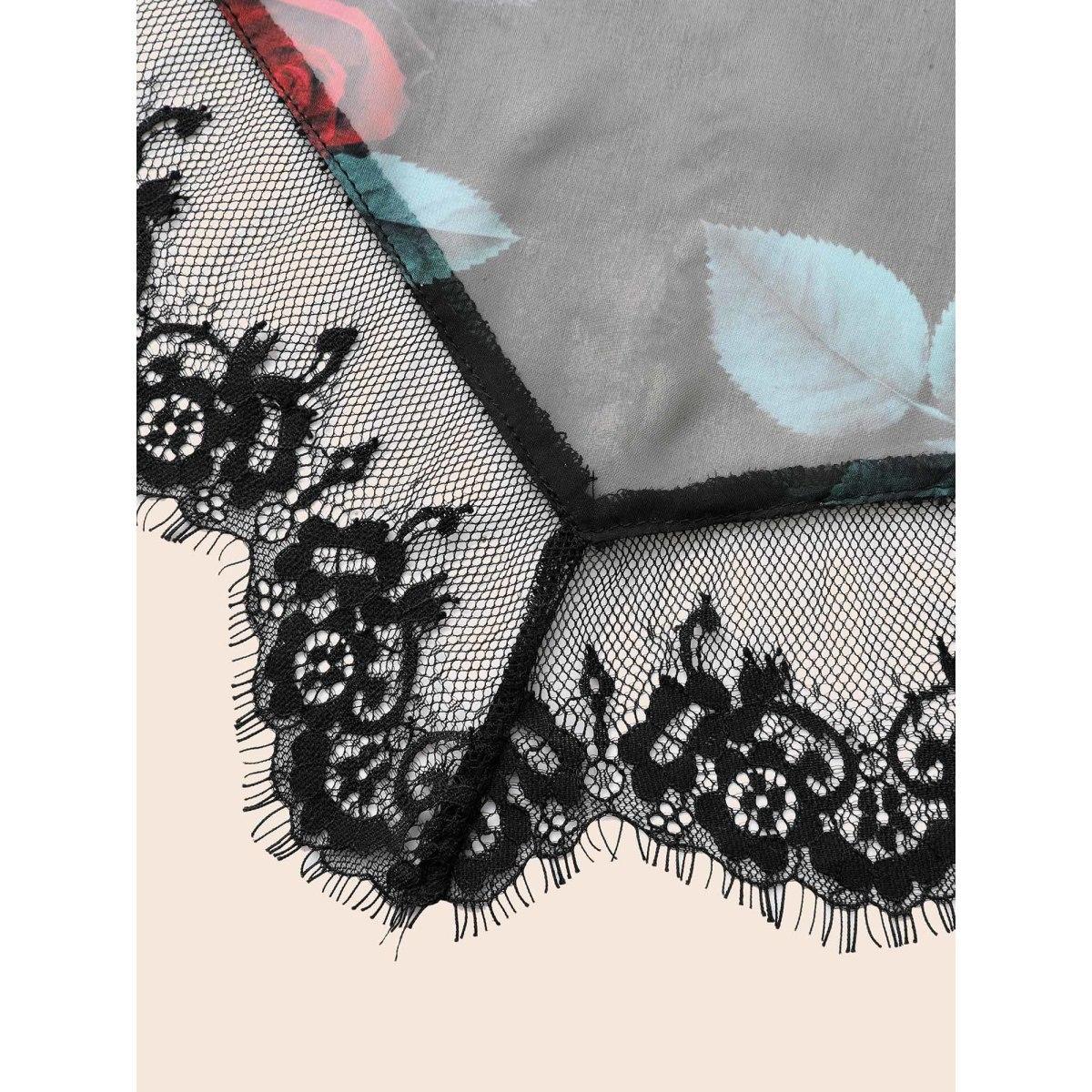 Plus Size Cami Lace Floral Waist Cinching Midi Dress Black Women Cocktail Woven ribbon&lace trim Party Curvy Bloomchic 28/5X Product Image