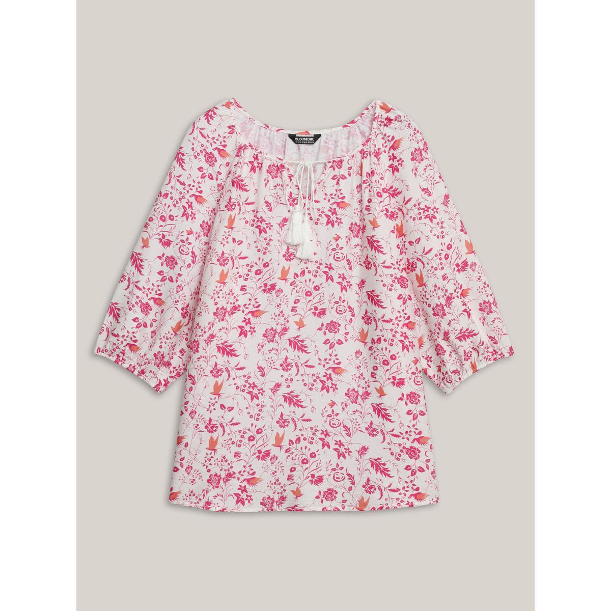 Plus Size Originalwhite Silhouette Floral Print Neck Tassels Blouse Women Elbow-length sleeve Notched collar Everyday-Elegant Blouses BloomChic 28/5X Product Image