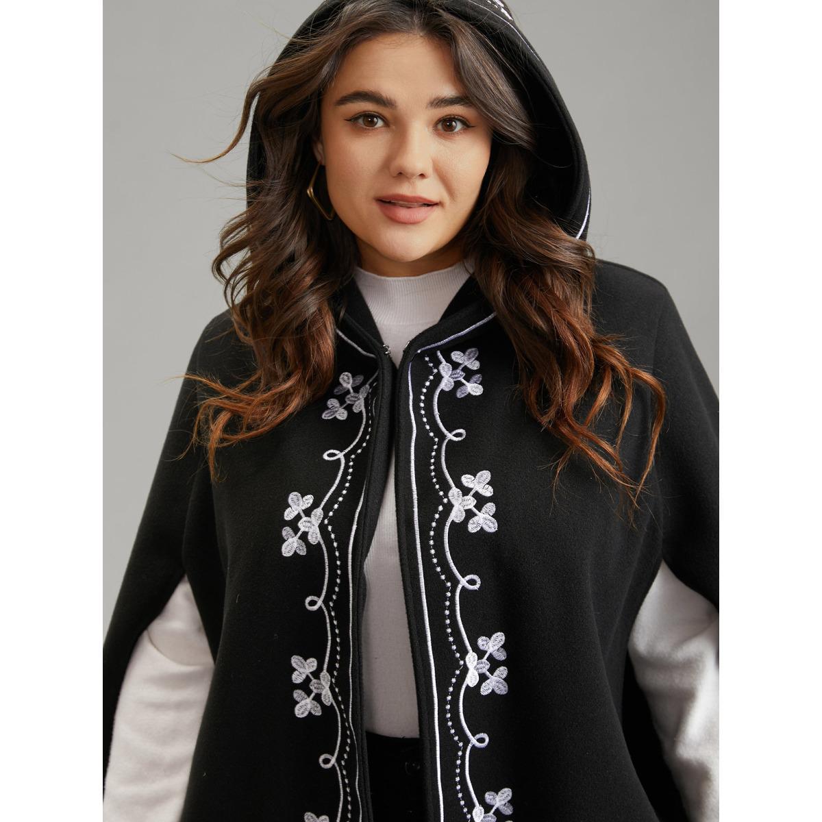 Plus Size Floral Embroidered Hooded Cape Kimono Women Black Casual Lined Loose Dailywear Kimonos BloomChic 10/M Product Image