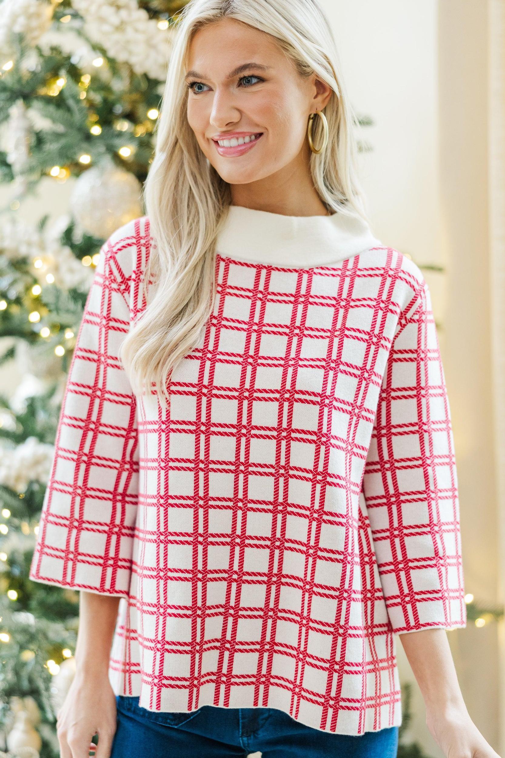 Just A Feeling Red Plaid Mock Neck Sweater Female Product Image
