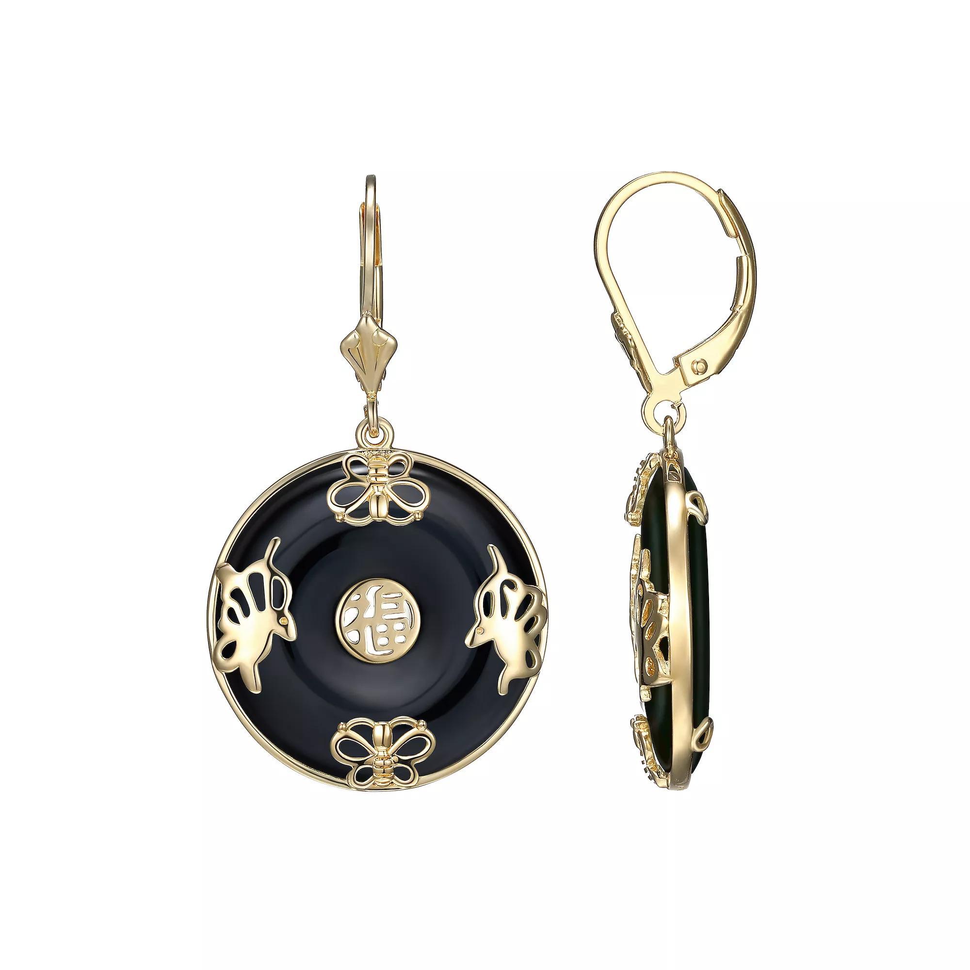 18k Gold Over Silver Black Agate Leverback Drop Earrings, Women's, Gold Tone Product Image