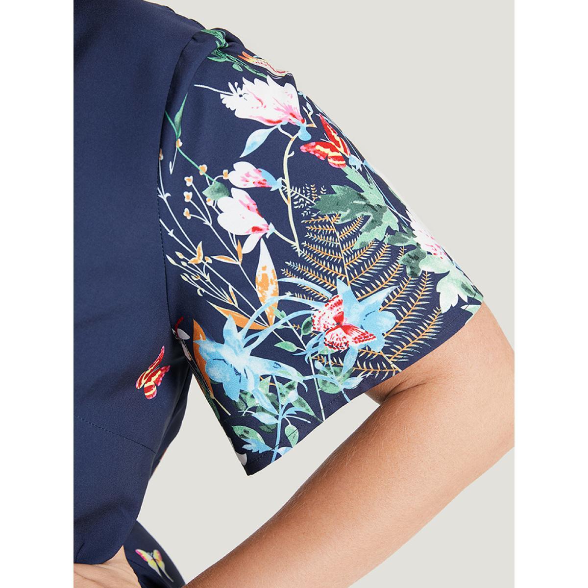 Plus Size Butterfly & Floral Round Neck Print Pocket Knee Dress Indigo Women Vacation Pocket Round Neck Short sleeve Curvy Knee Dress BloomChic 10/M Product Image