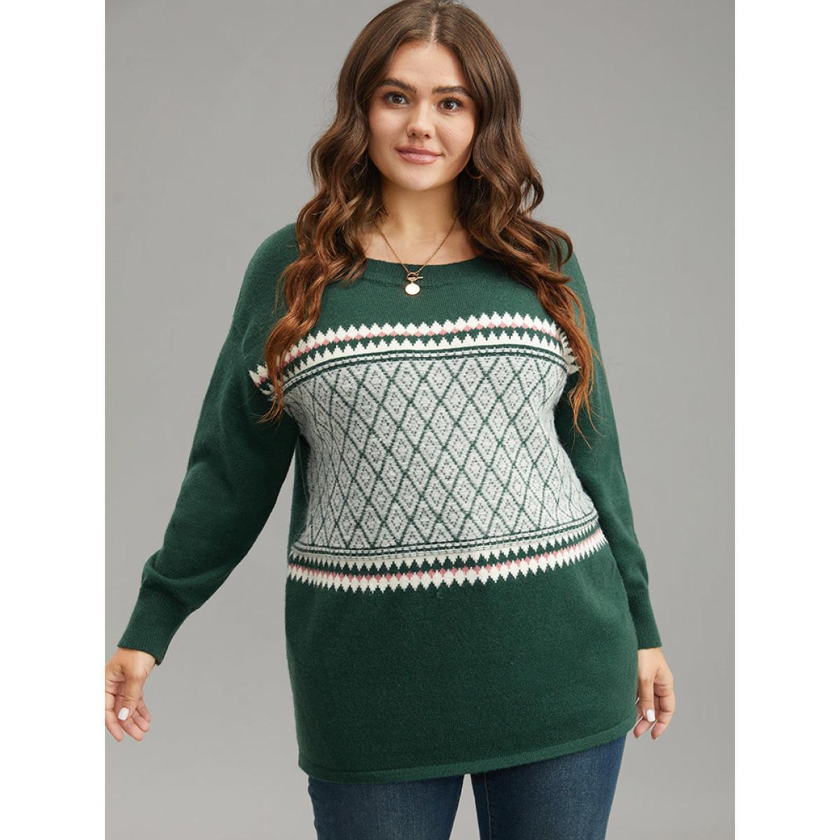 Plus Size Supersoft Essentials Round Neck Geometric Pullover DarkGreen Women Casual Loose Long Sleeve Round Neck Dailywear Pullovers BloomChic 18-20/2X Product Image