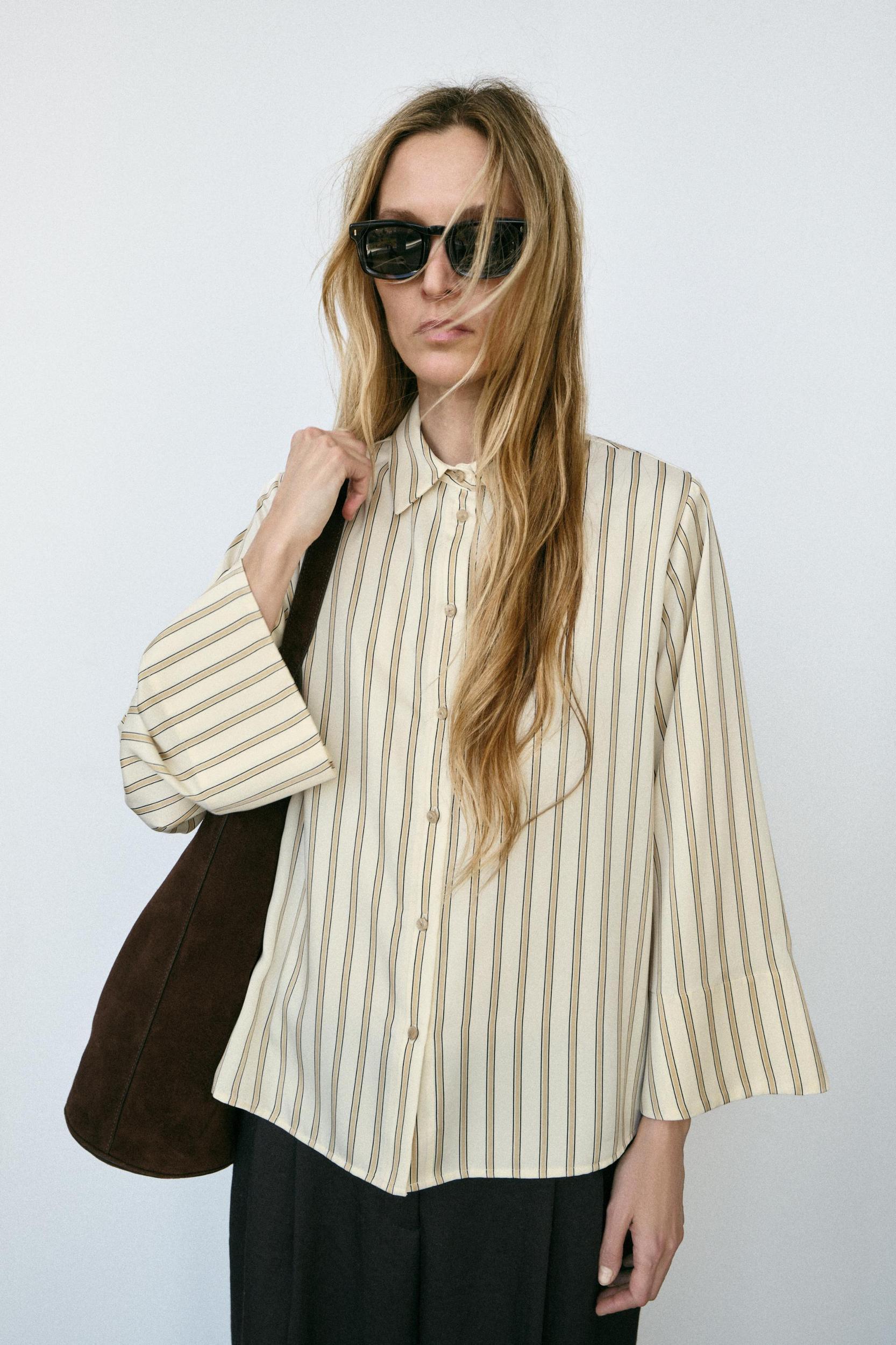 WIDE SLEEVE STRIPED BLOUSE Product Image