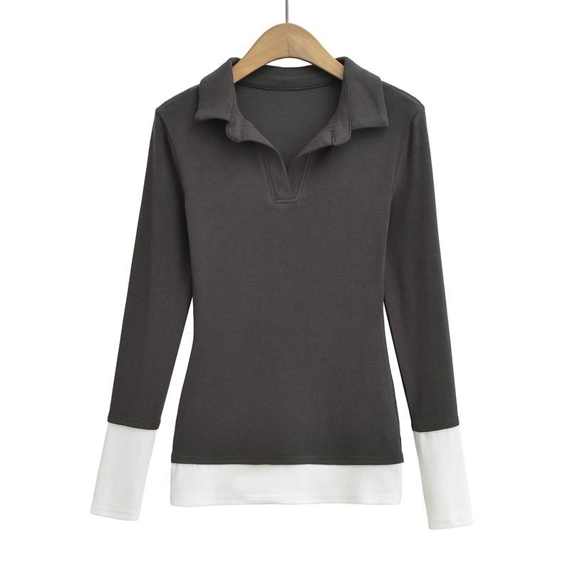 Long Sleeve Lapel Neck Contrast Trim Polo Shirt Product Image