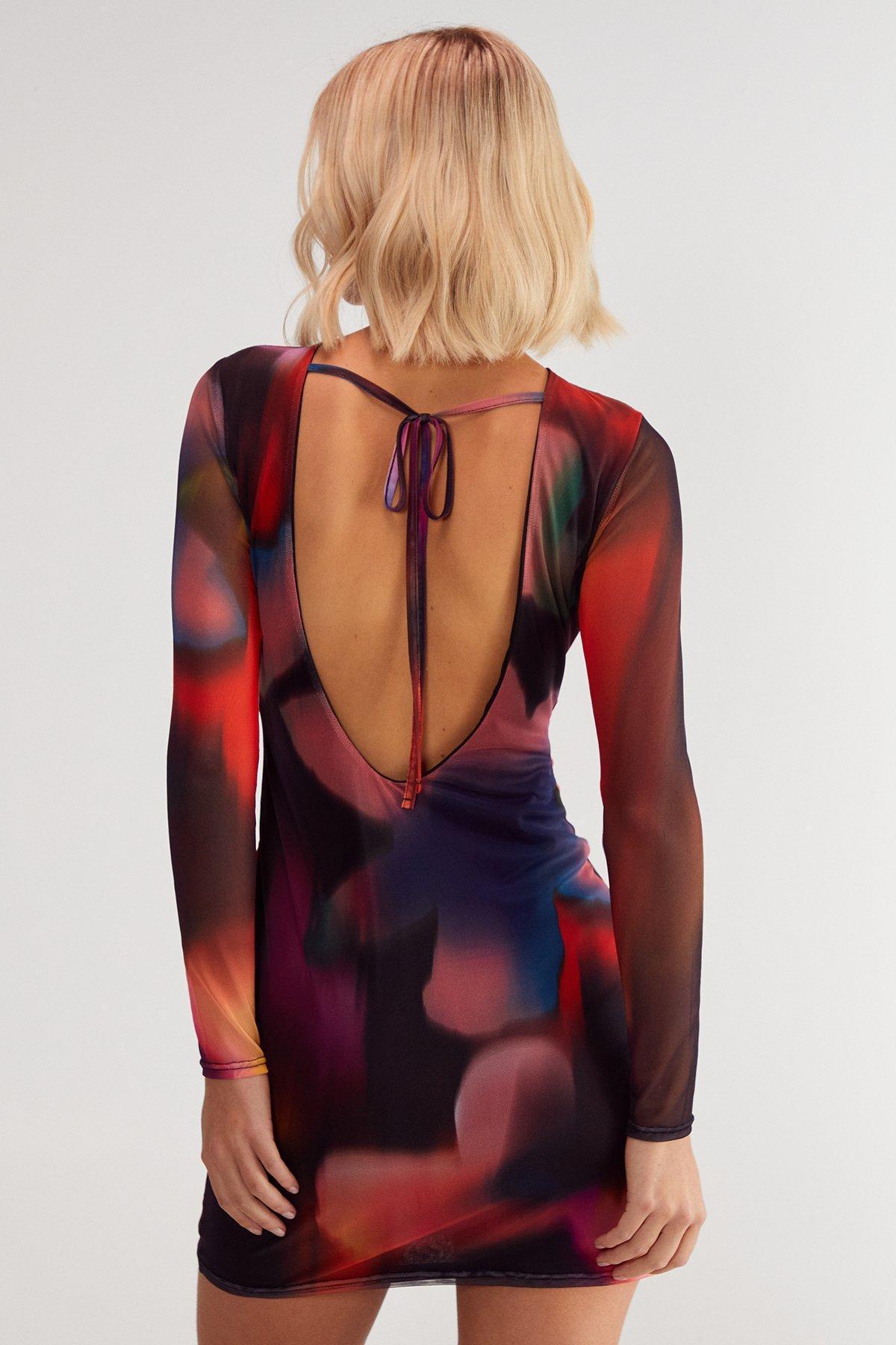 Blurred Printed Mesh Long Sleeve Backless Tunic Mini Dress Product Image