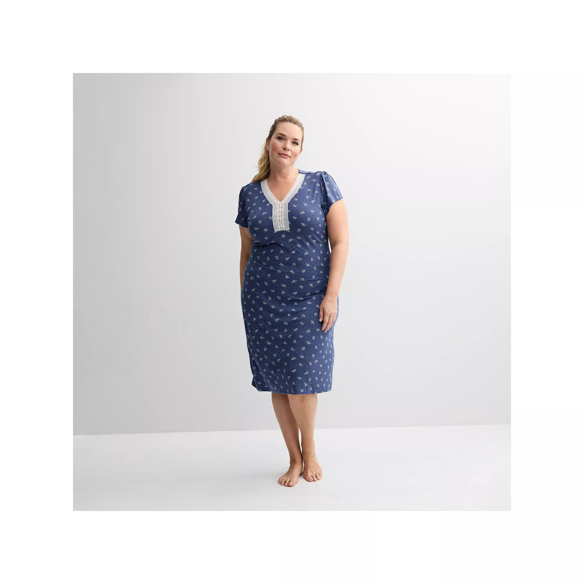 Plus Size Miss Elaine Essentials Micro Velvet Long Nightgown, Women's, Size: 2XL, Blue Floral Product Image