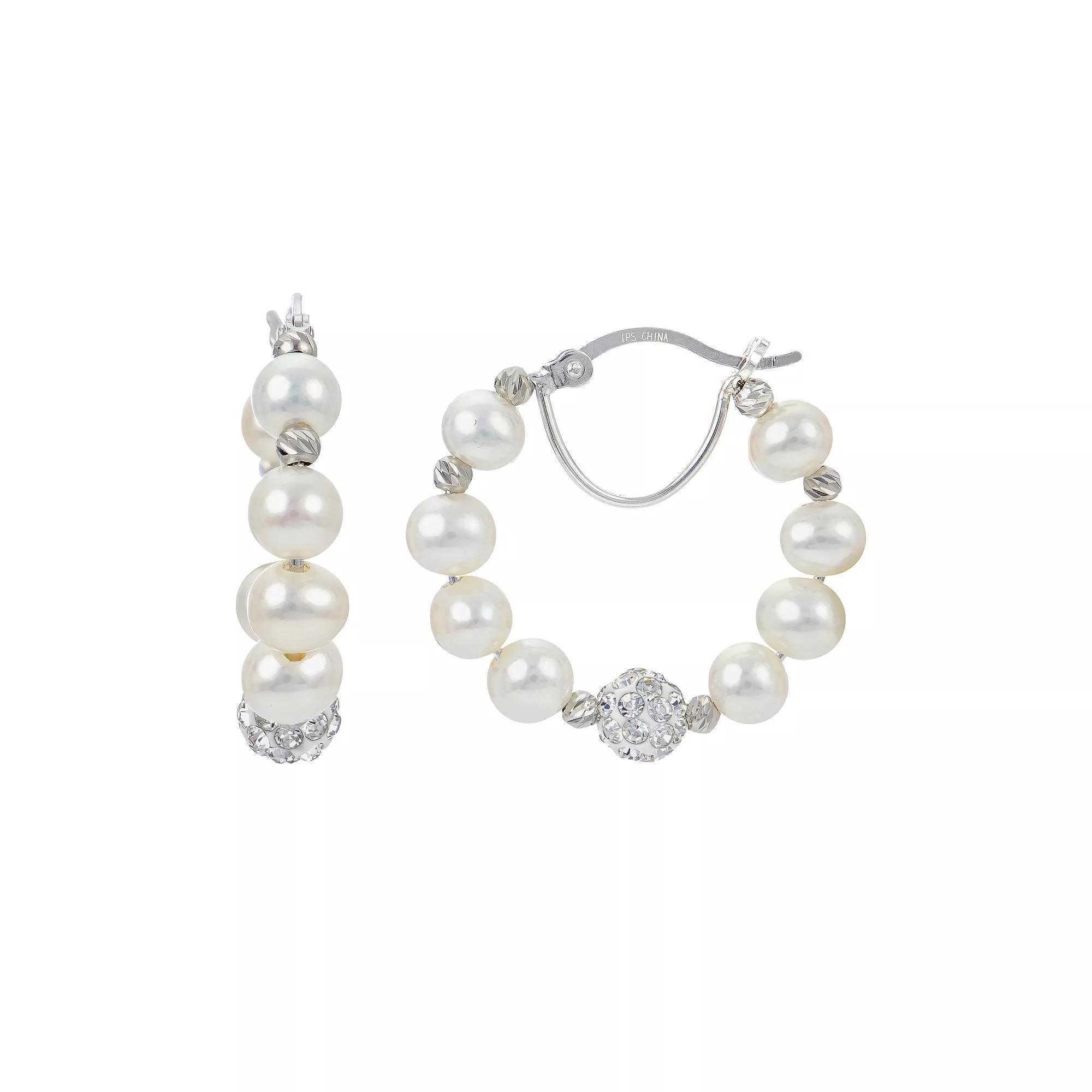 PearLustre by Imperial Sterling Silver Freshwater Cultured Pearl, Crystal Bead & Brilliance Bead Hoop Earrings, Womens Product Image