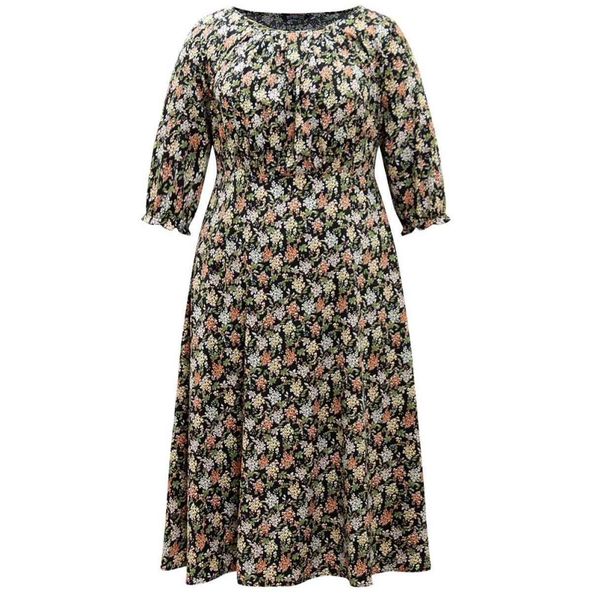 Plus Size Ditsy Floral Elastic Waist Pleated Dress Multicolor Women Vacation Printed Round Neck Elbow-length sleeve Curvy Midi Dress BloomChic 14-16/1X Product Image