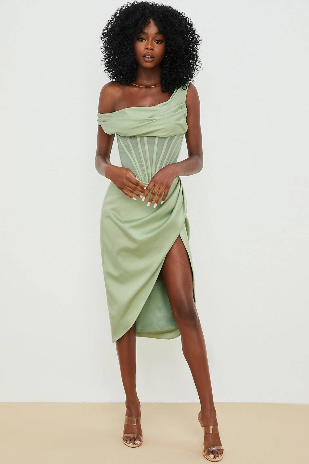 Lulu Pistachio Asymmetric Drape Midi Corset Dress Product Image