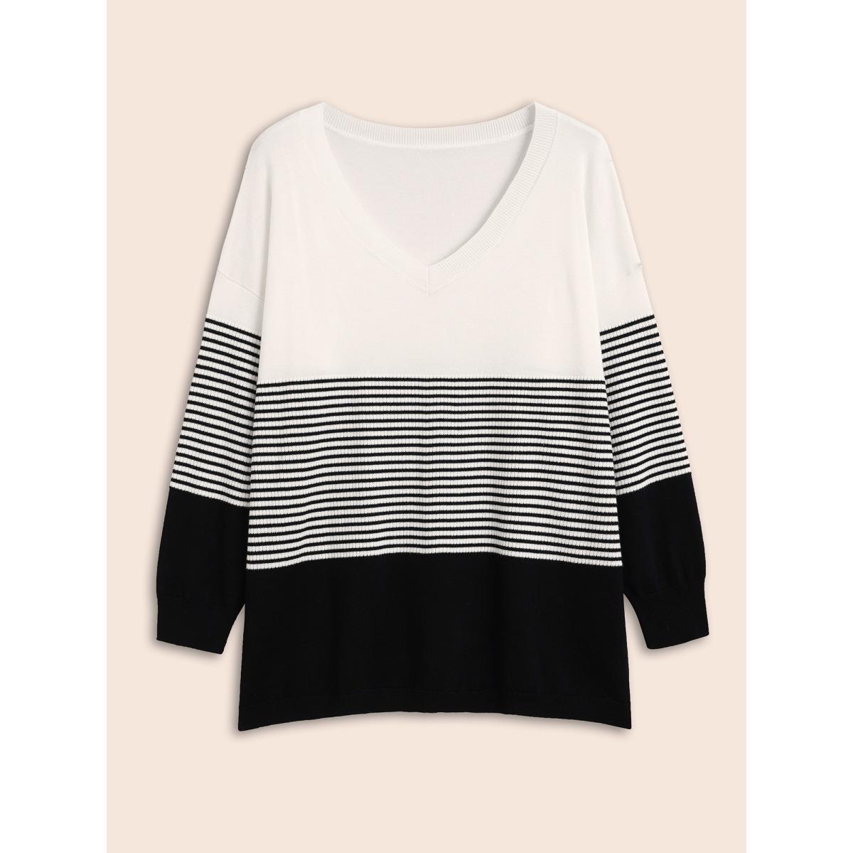 Plus Size Supersoft Essentials Striped Contrast Pullover Midnight Women Workwear Essentials Long Sleeve V-neck Work Pullovers BloomChic 14-16/1X Product Image