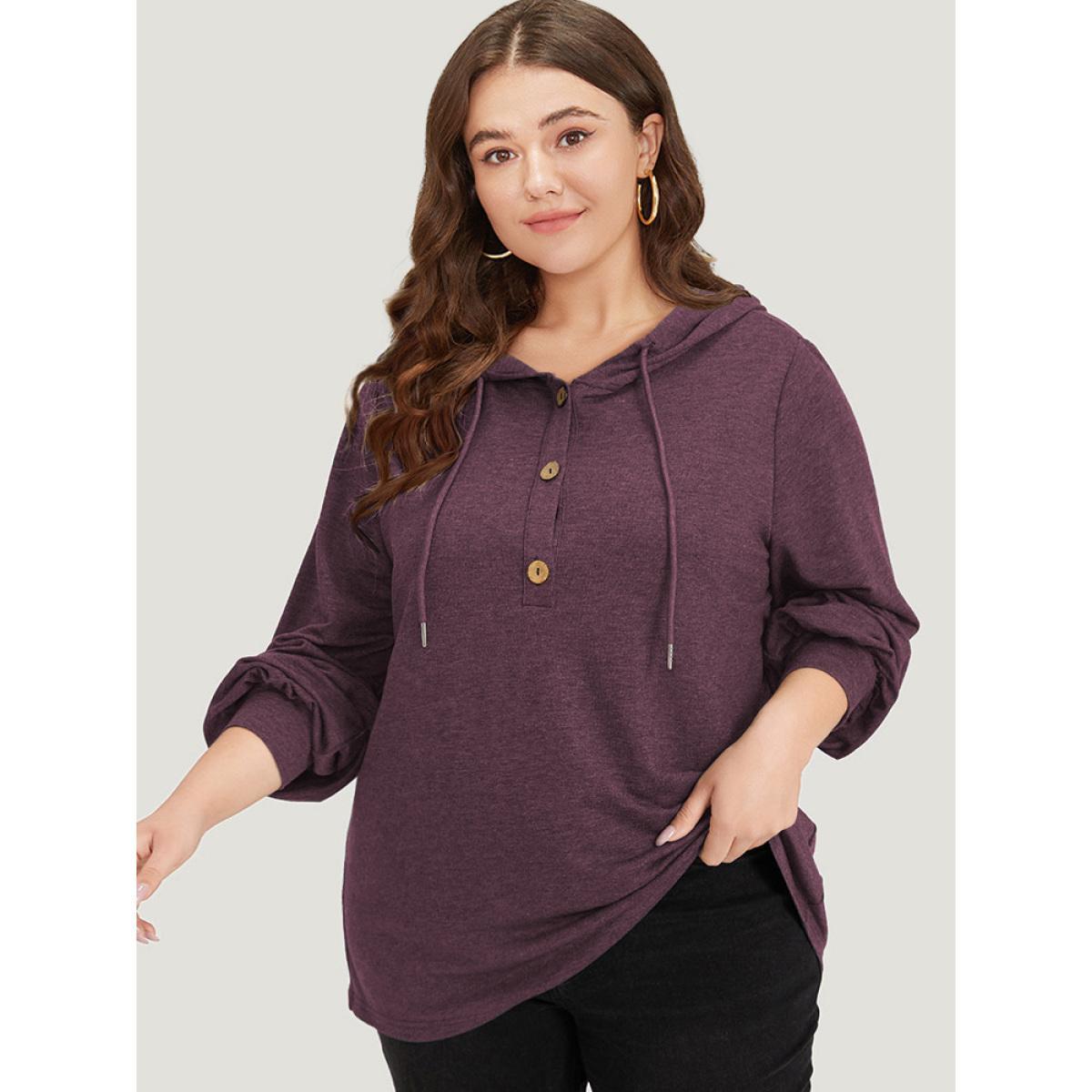 Plus Size Plain Drawstring Button Up Hooded Elastic Cuffs Sweatshirt Women Burgundy Casual Elastic cuffs Hooded Dailywear Sweatshirts BloomChic 12/L Product Image