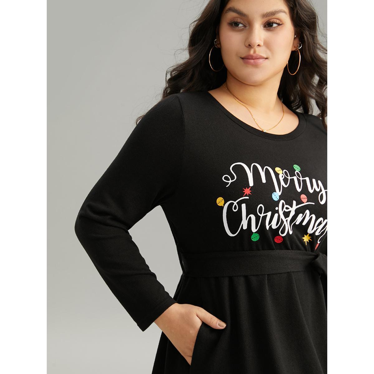 Plus Size Christmas Letter Print Elastic Waist Belted Dress Black Women Office Belted Curvy Midi Dress BloomChic 28/5X Product Image