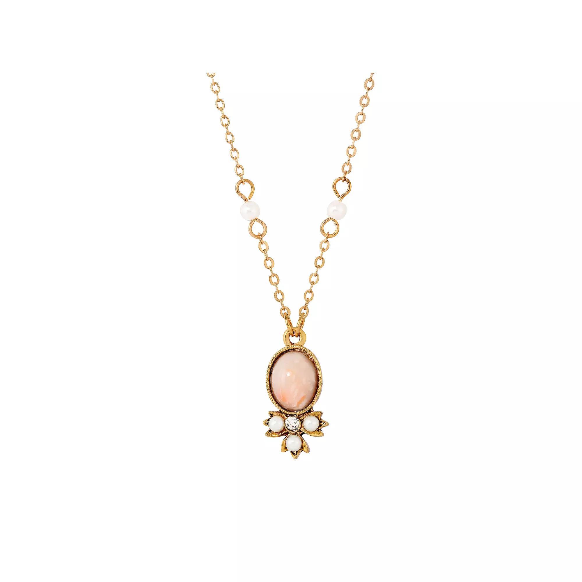 1928 Gold Tone Peach Color Simulated Pearl and Crystal Drop Necklace, Women's, White Product Image