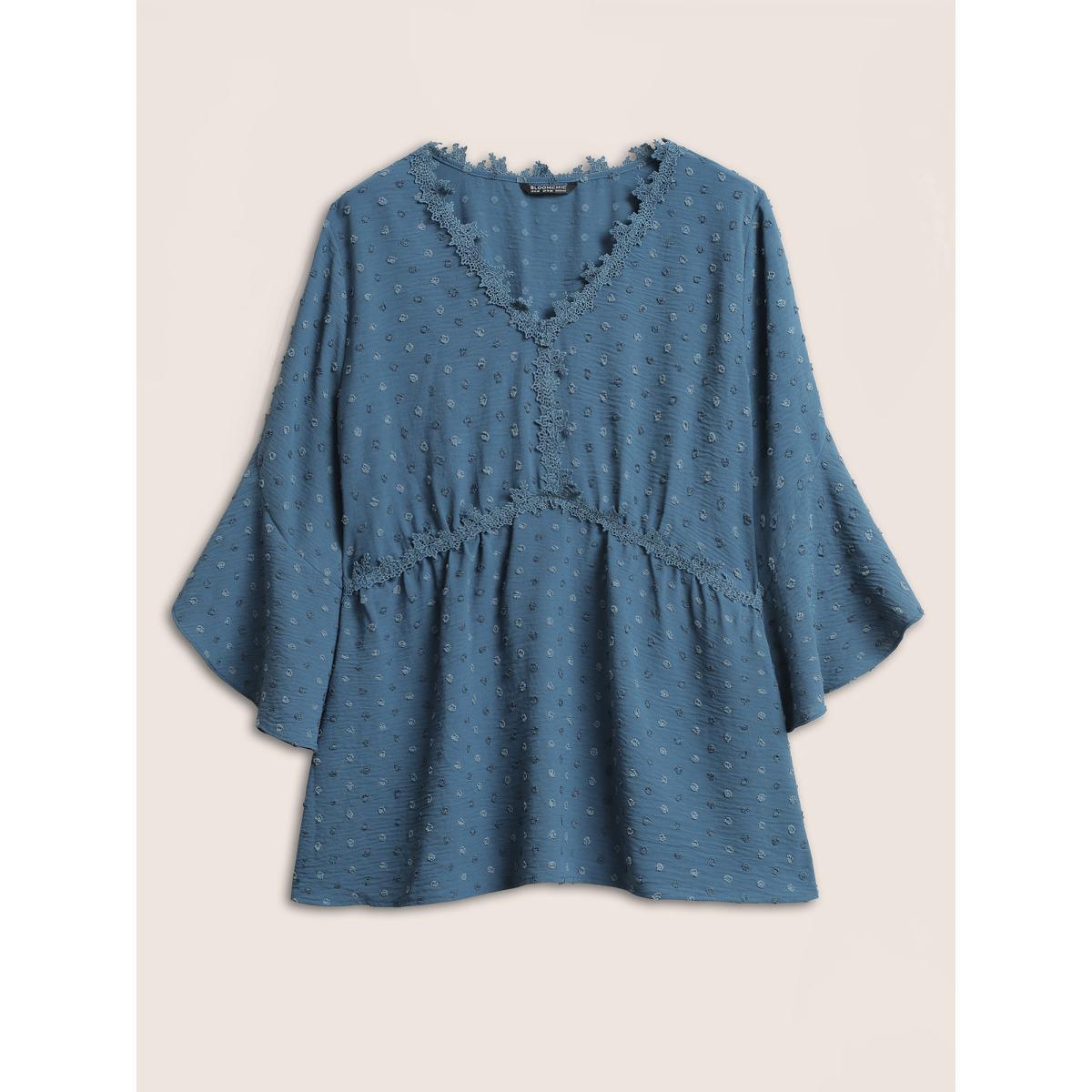 Plus Size Stone Polka Dot Textured Petal Sleeve Lace Trim Blouse Women Elegant Half Sleeve V-neck Work Blouses BloomChic 22-24/3X Product Image
