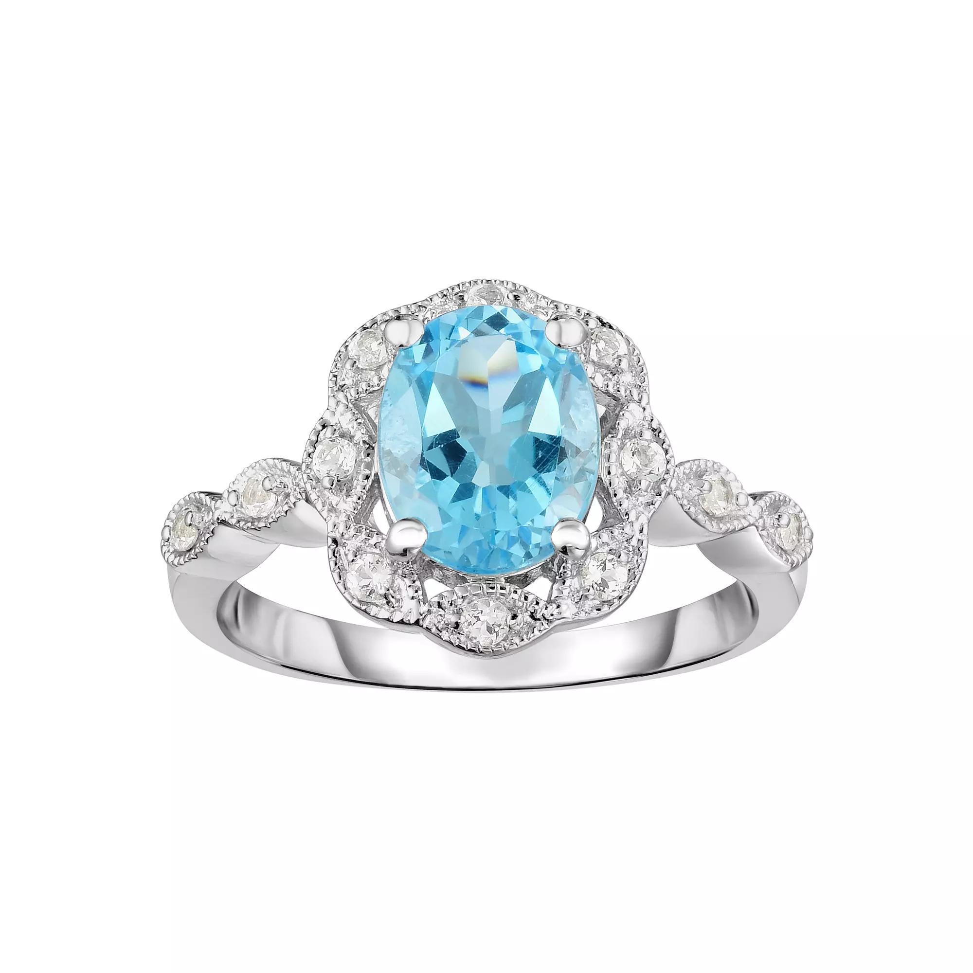 Sterling Silver Gemstone & White Topaz Frame Ring, Womens Blue Topaz Product Image
