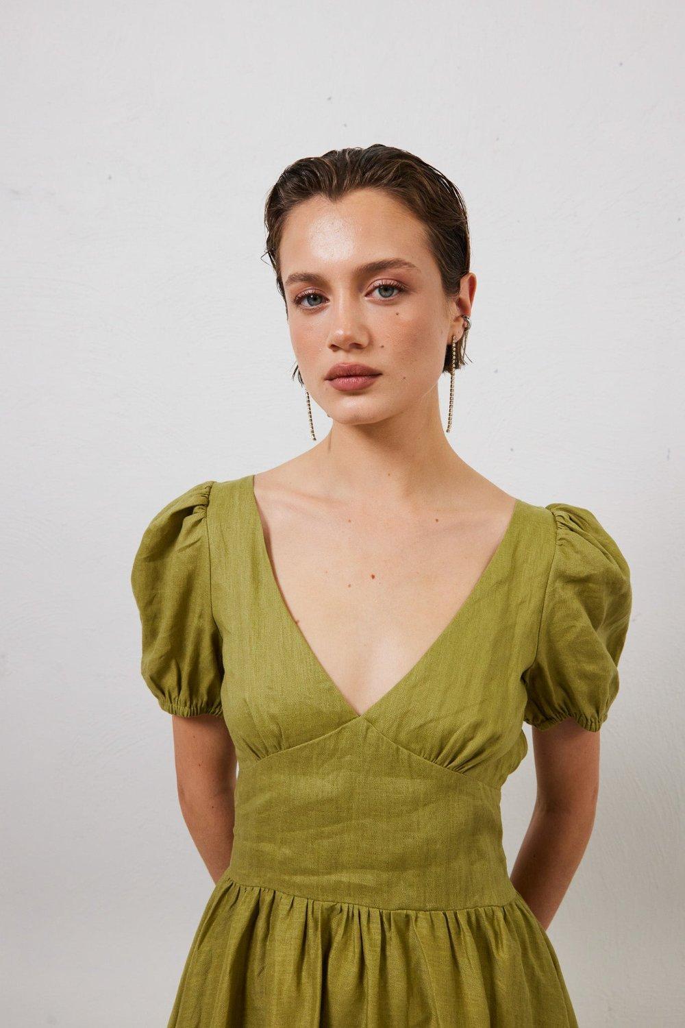 Paradiso Linen Midi Dress Olive Product Image