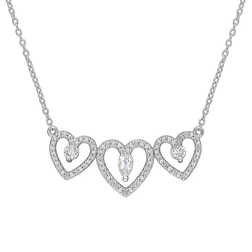 Stella Grace Sterling Silver White Topaz & 1/5 ct. T.W Diamond Triple Heart Necklace, Women's, Size: 18" Product Image