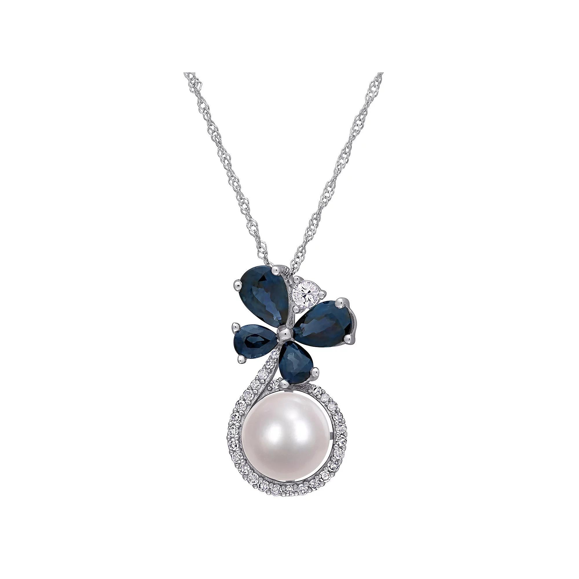 Stella Grace 10k White Gold 1/8 Carat T.W. Diamond, Freshwater Cultured Pearl & Sapphire Pendant Necklace, Women's, Size: 17" Product Image
