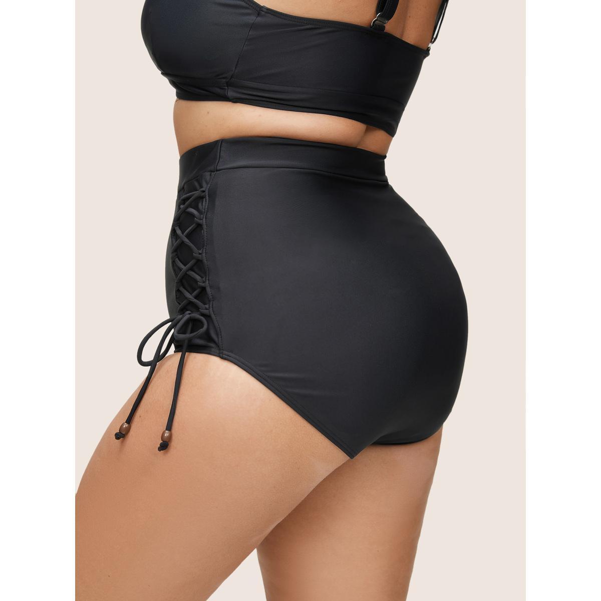 Plus Size Plain Lace Up Side High Rise Swim Bottom Women's Swimwear Black Beach Non High stretch Skinny High Rise Curve Swim Bottoms BloomChic 12/L Product Image
