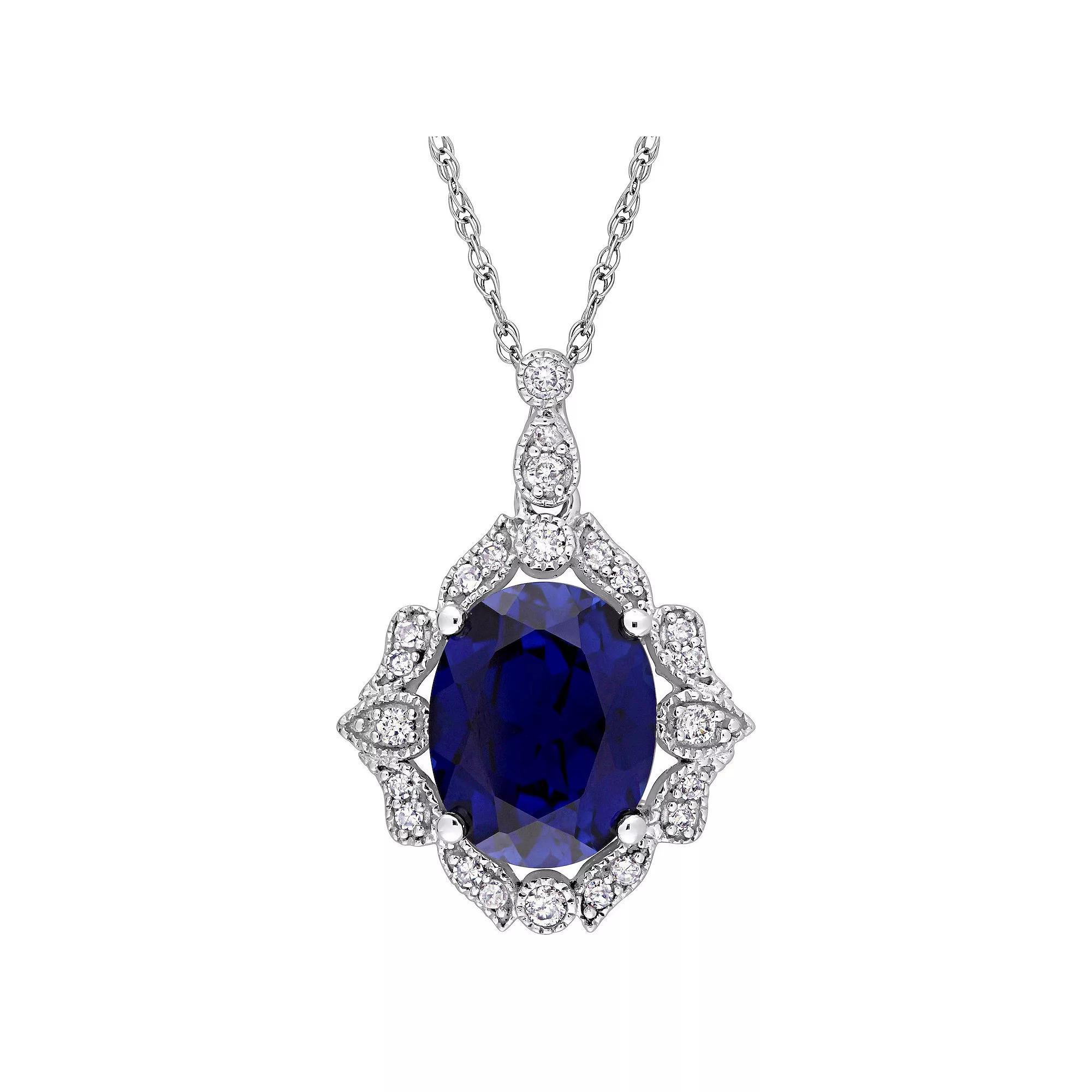 Stella Grace 10k White Gold 1/6 Carat T.W. Diamond & Lab-Created Sapphire Halo Pendant Necklace, Women's, Size: 17" Product Image