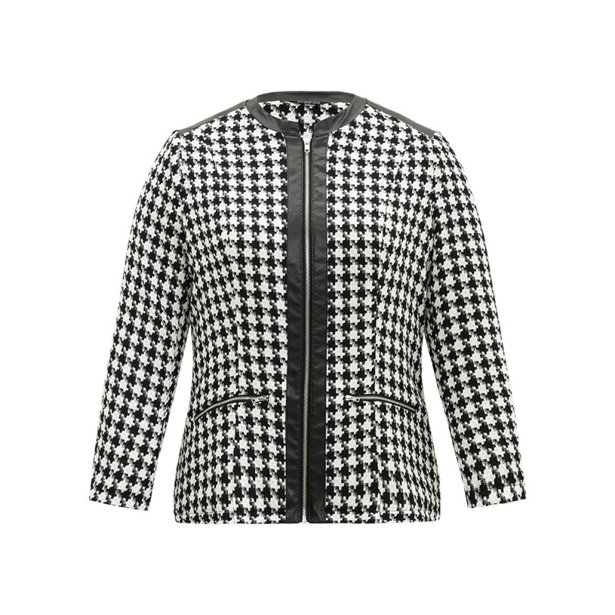 Plus Size Houndstooth PU Leather Patchwork Tweed Zipper Blazer Black Women Dailywear Houndstooth Contrast Sleeve Long Sleeve Open Front 14-16/1X Pocket Casual Blazers BloomChic Product Image