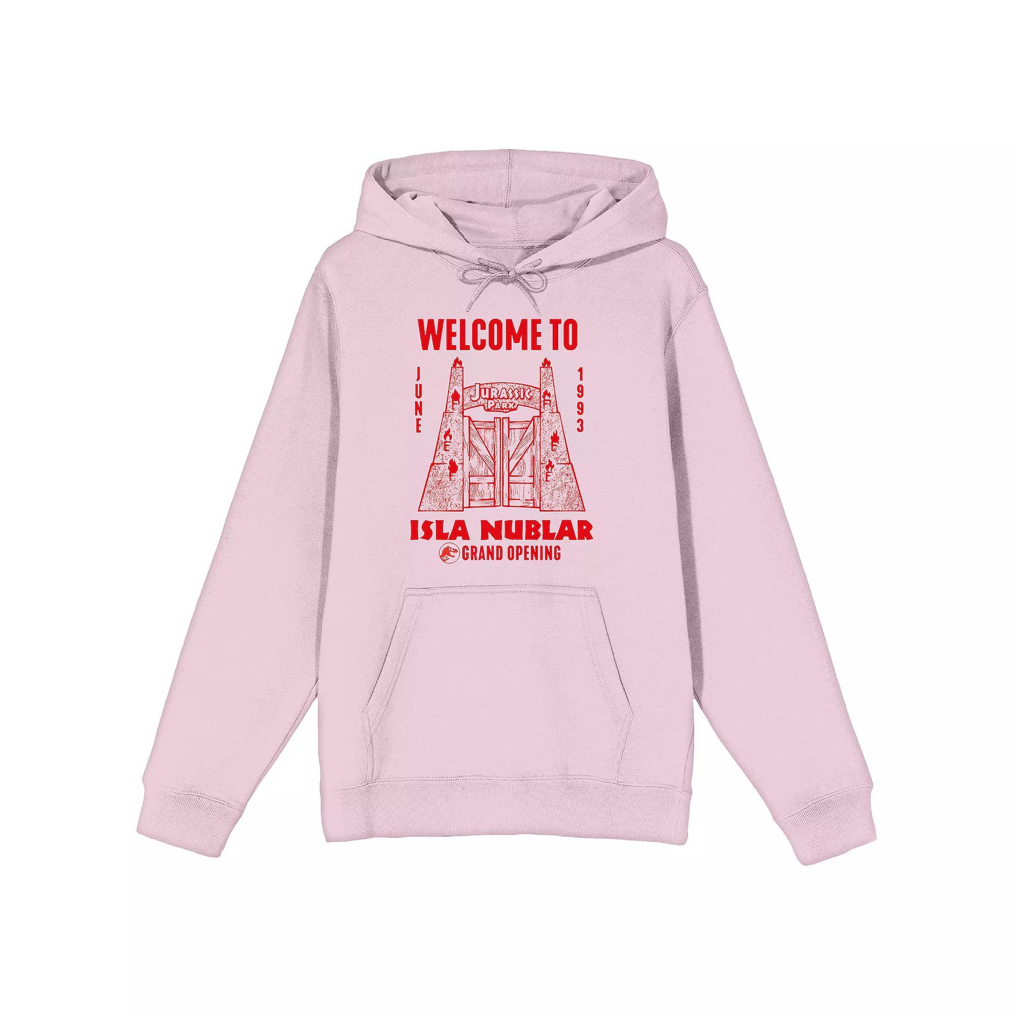 Men's Jurassic Park Welcome to Isle Nublar Graphic Hoodie, Size: Medium, Pink Product Image