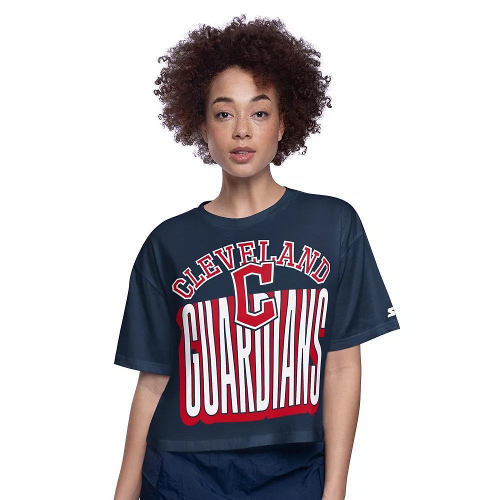 Women's Starter Navy Cleveland Guardians Play the Ball Boxy Cropped T-Shirt, Size: XXL, Grd Blue Product Image