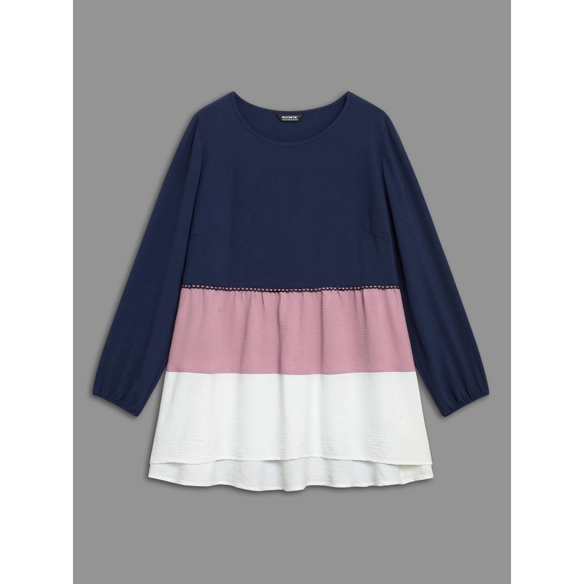 Plus Size Indigo Color Contrast High Low Hem Patchwork Blouse Women Elegant Extra Long Sleeve Round Neck Everyday Blouses BloomChic 28/5X Product Image