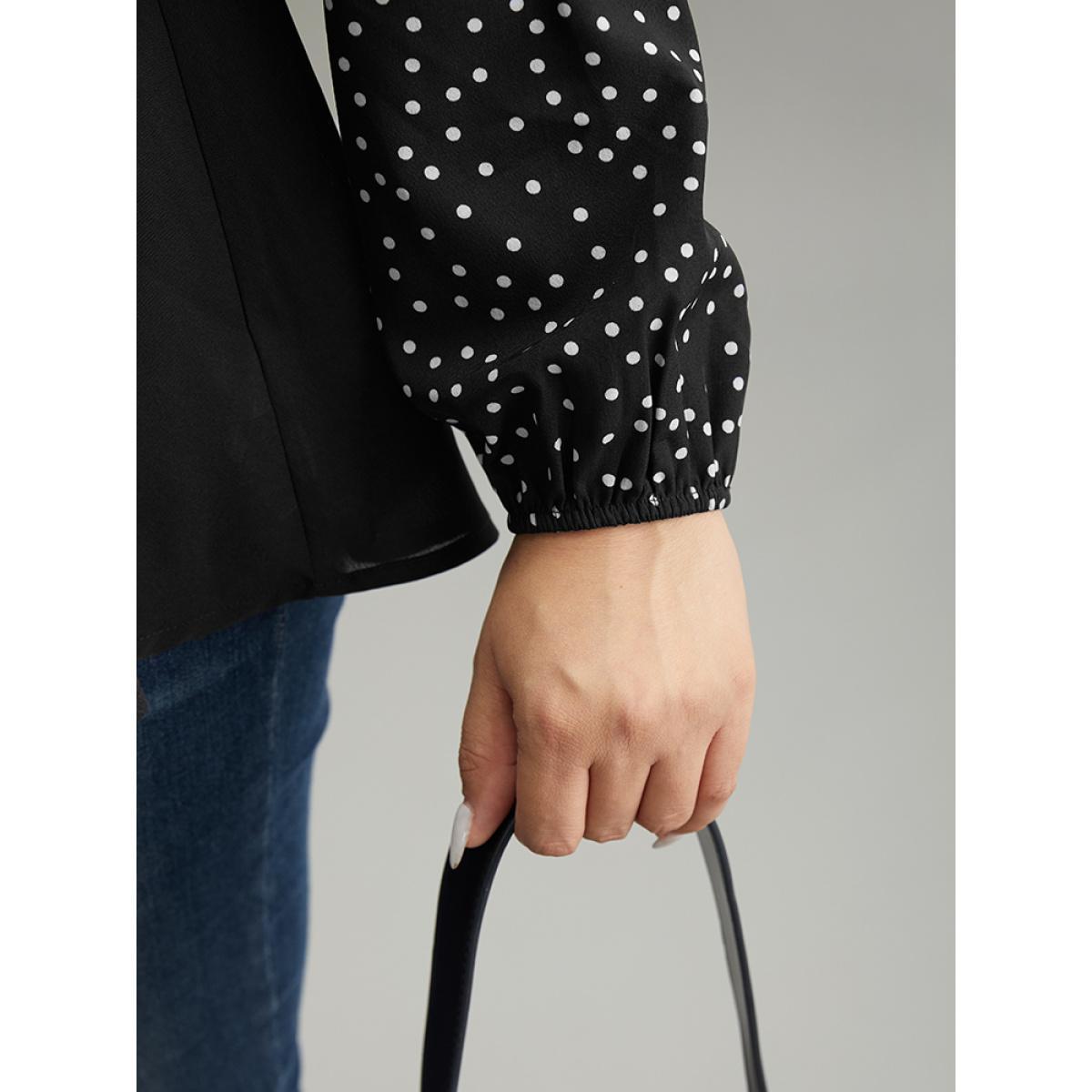 Plus Size Black Polka Dot Patchwork Lapel Collar Elastic Waist Blouse Women At the Office Long Sleeve Lapel Collar Work Blouses BloomChic 12/L Product Image