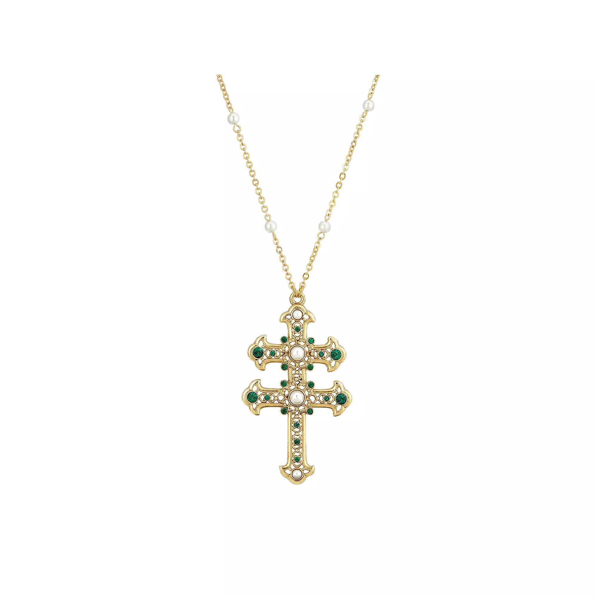 1928 Gold Tone Simulated Pearl & Simulated Crystal Double Cross Pendant Necklace, Womens, Green Product Image